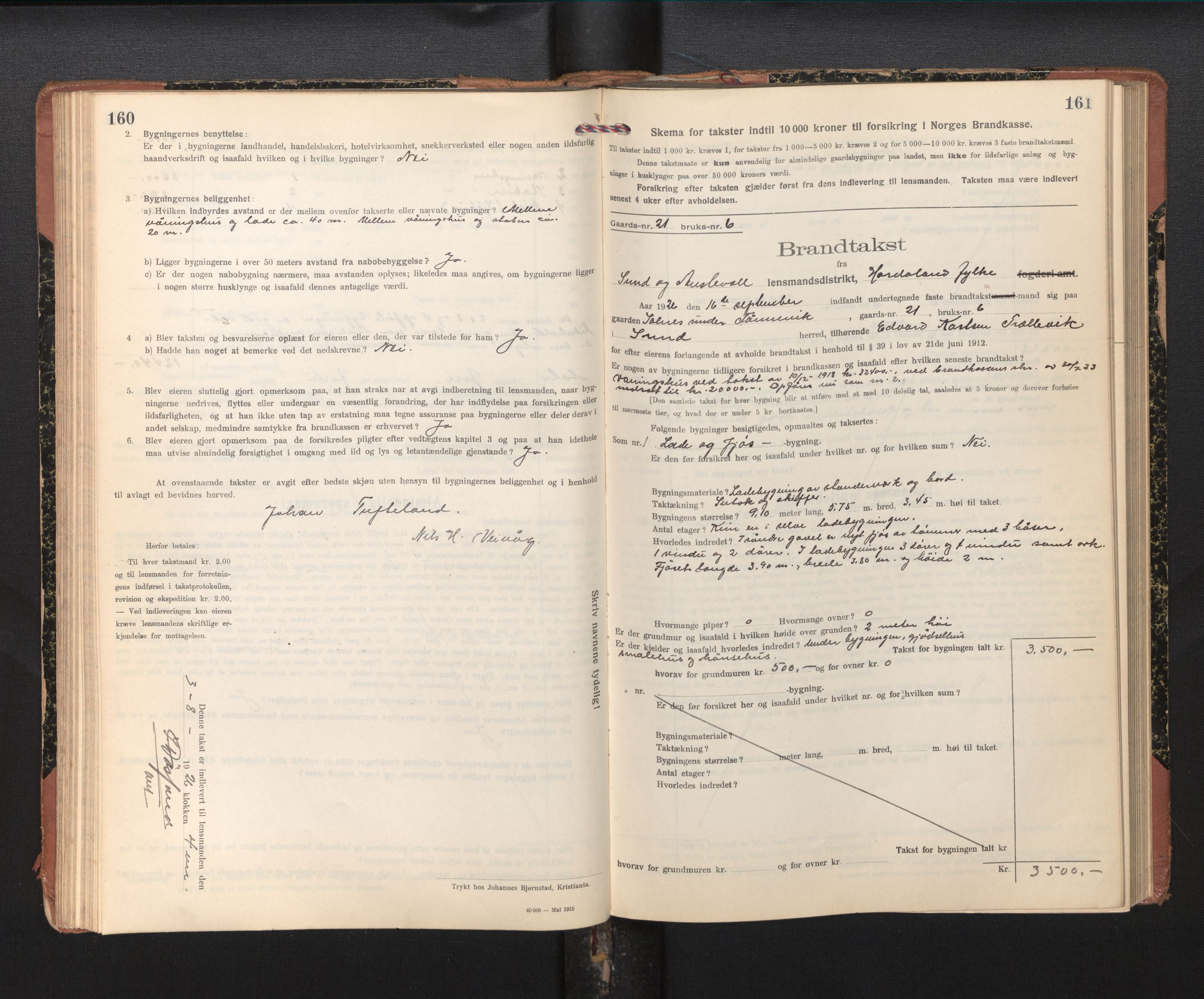 Lensmannen i Sund og Austevoll, AV/SAB-A-35201/0012/L0004: Branntakstprotokoll, skjematakst, 1917-1949, s. 160-161