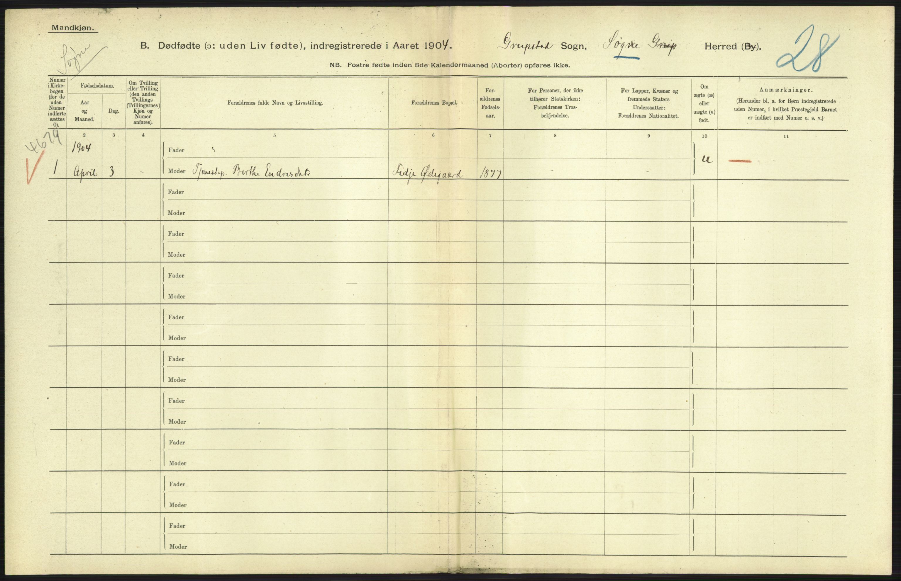 Statistisk sentralbyrå, Sosiodemografiske emner, Befolkning, AV/RA-S-2228/D/Df/Dfa/Dfab/L0025: Smålenenes amt - Stavanger amt: Dødfødte. Bygder., 1904, s. 487