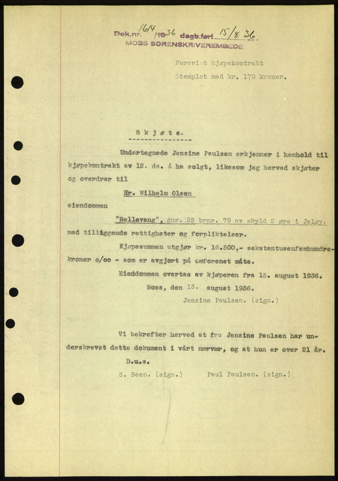 Moss sorenskriveri, SAO/A-10168: Pantebok nr. A1, 1936-1936, Dagboknr: 1614/1936