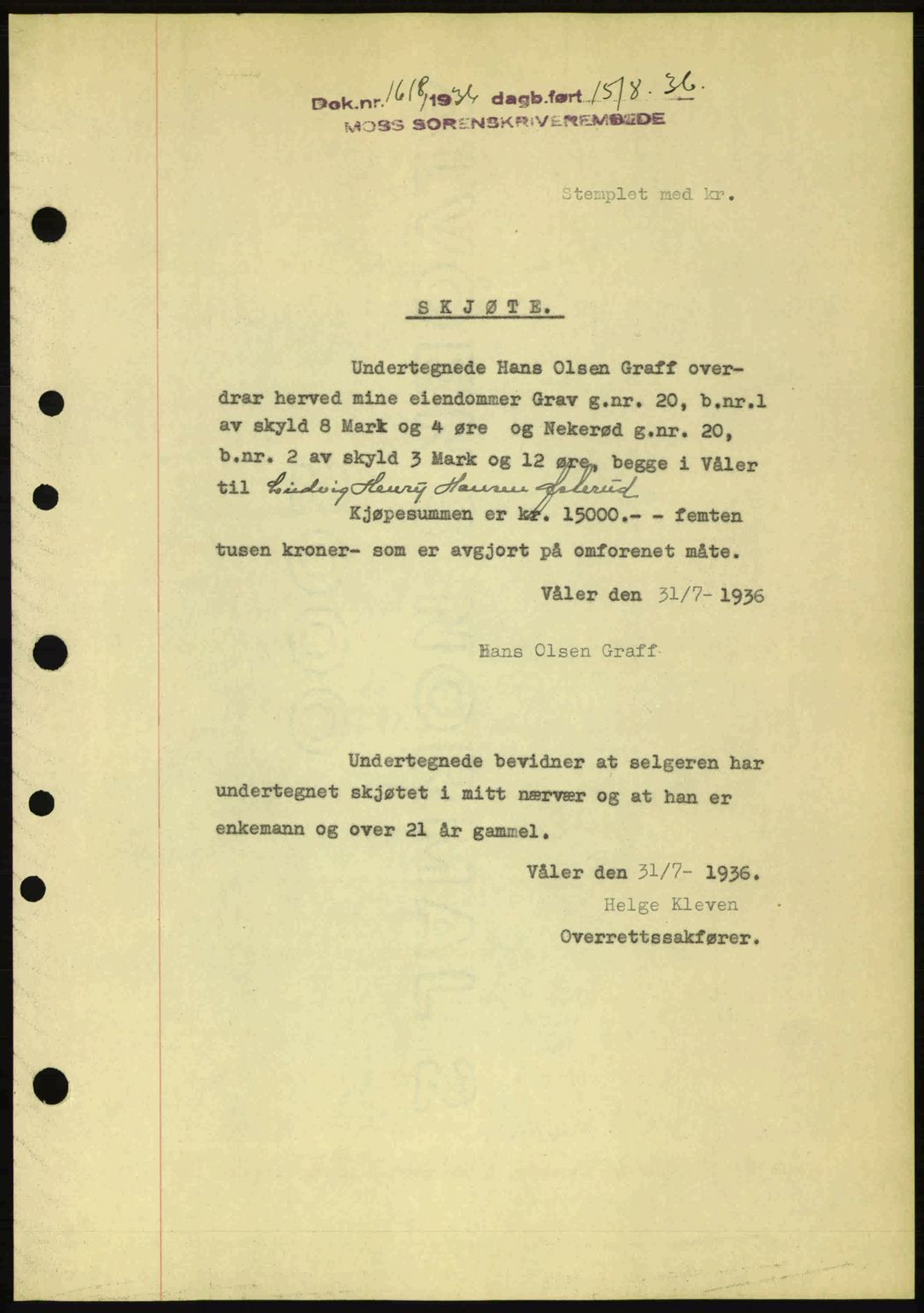 Moss sorenskriveri, SAO/A-10168: Pantebok nr. A1, 1936-1936, Dagboknr: 1618/1936