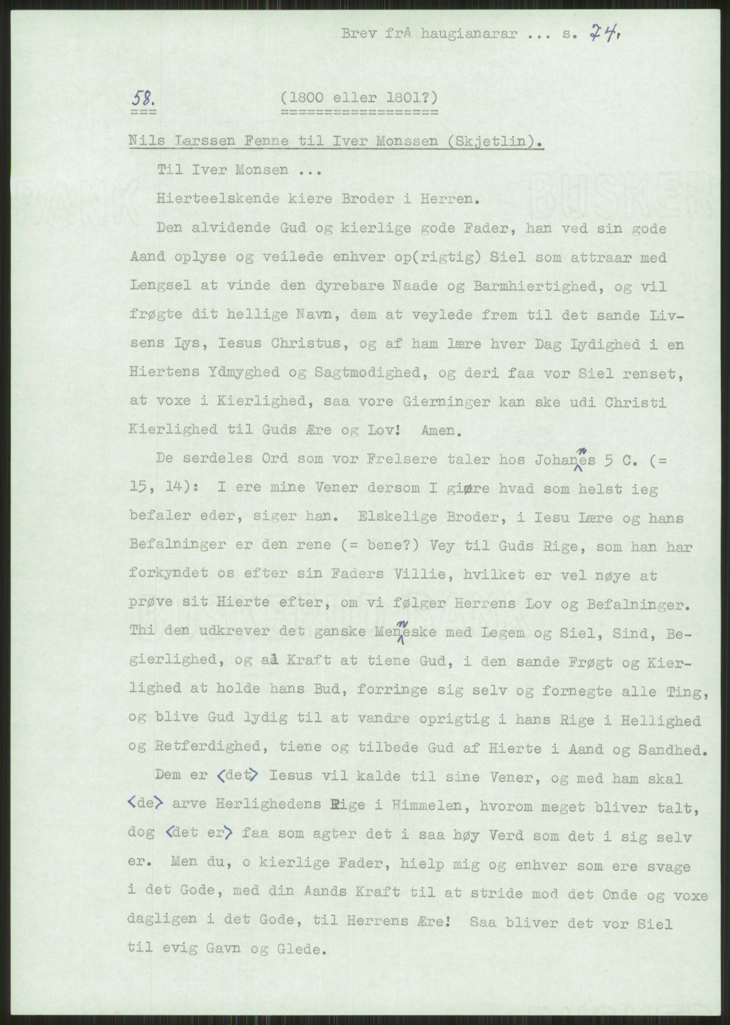 Samlinger til kildeutgivelse, Haugianerbrev, RA/EA-6834/F/L0001: Haugianerbrev I: 1760-1804, 1760-1804, s. 74