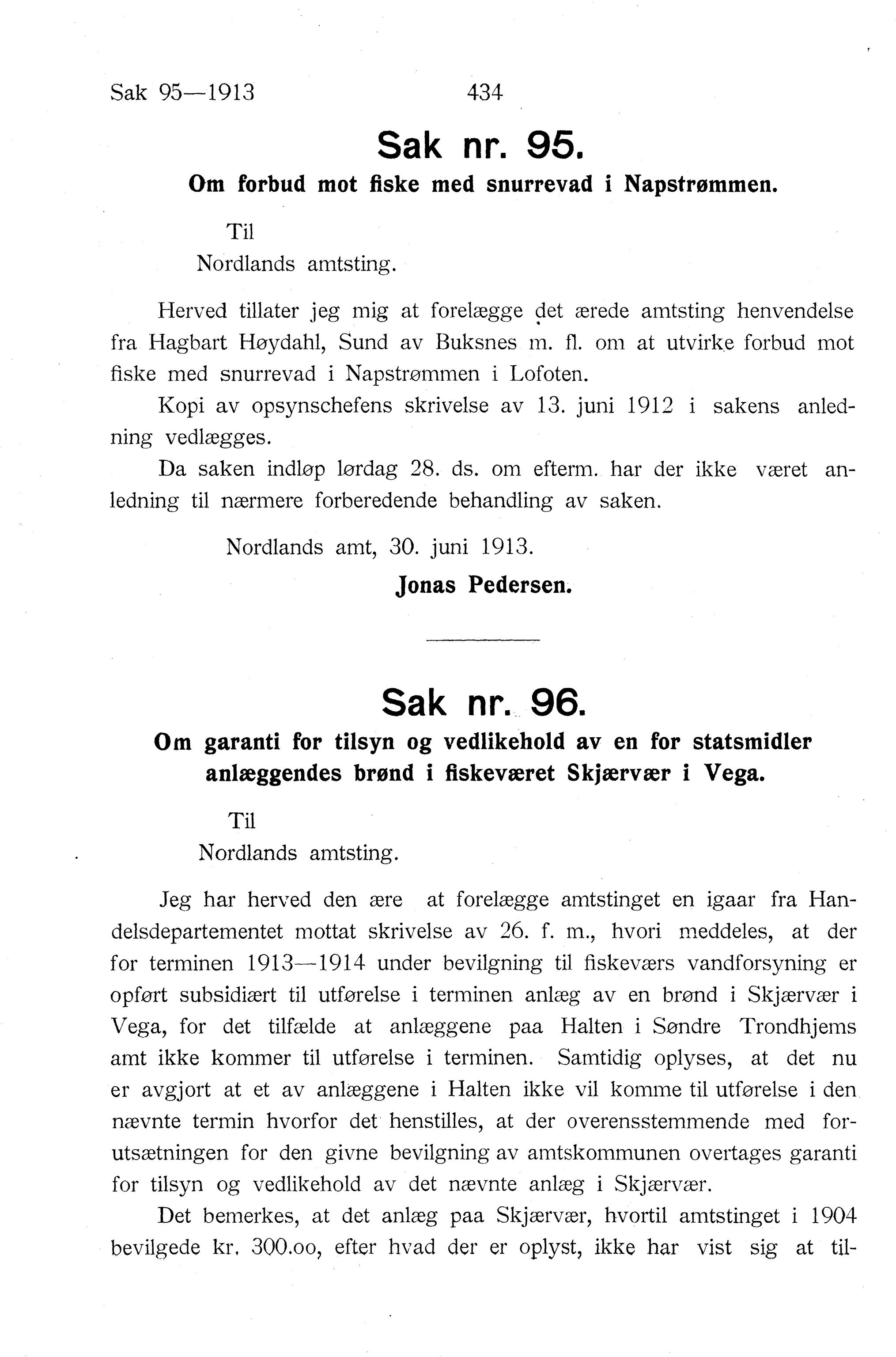 Nordland Fylkeskommune. Fylkestinget, AIN/NFK-17/176/A/Ac/L0036: Fylkestingsforhandlinger 1913, 1913