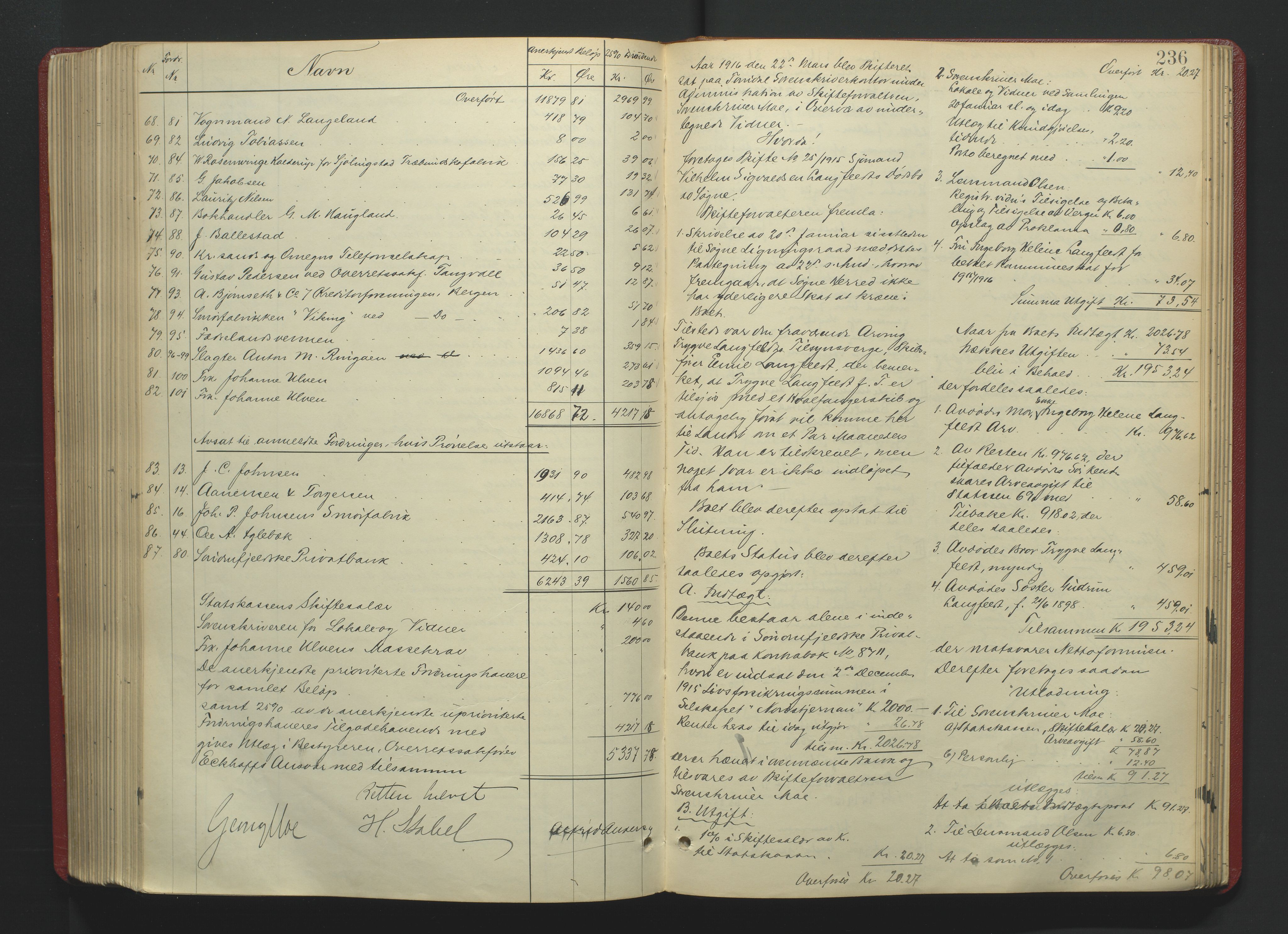 Torridal sorenskriveri, SAK/1221-0012/H/Hc/L0036: Skifteutlodningsprotokoll med navneregister nr. 5, 1906-1918, s. 236