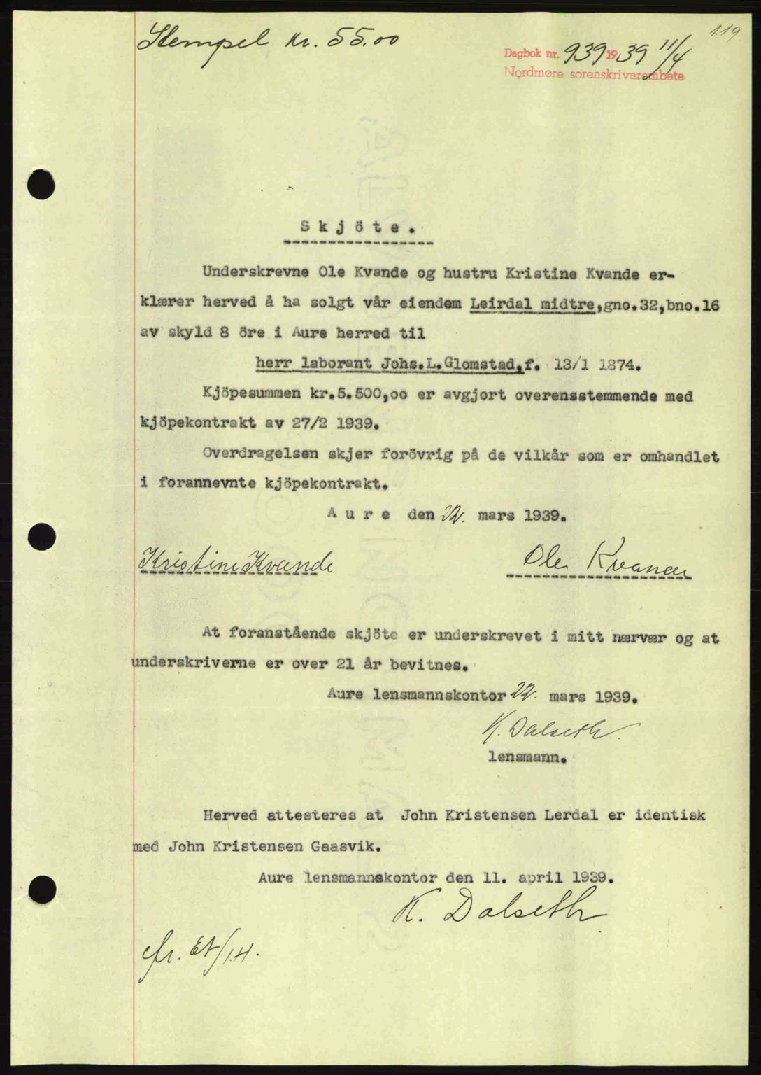 Nordmøre sorenskriveri, SAT/A-4132/1/2/2Ca: Pantebok nr. A86, 1939-1939, Dagboknr: 939/1939