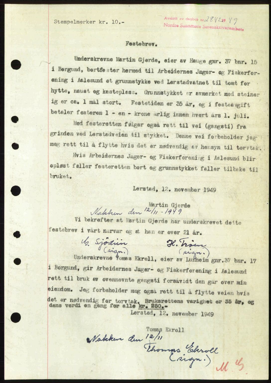 Nordre Sunnmøre sorenskriveri, SAT/A-0006/1/2/2C/2Ca: Pantebok nr. A33, 1949-1950, Dagboknr: 2842/1949