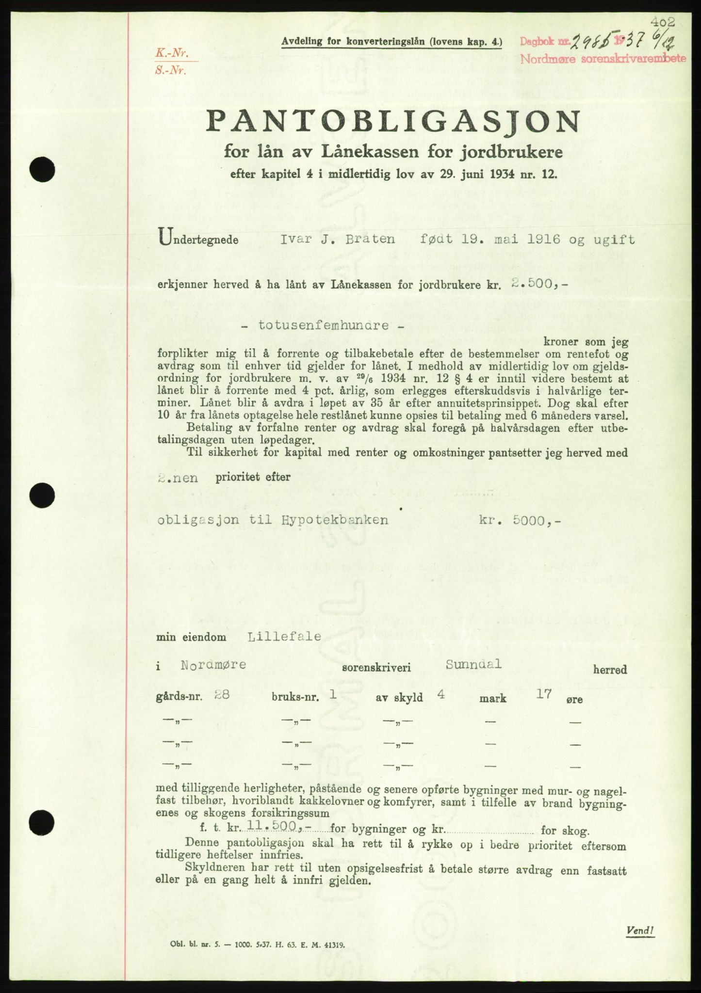 Nordmøre sorenskriveri, AV/SAT-A-4132/1/2/2Ca/L0092: Pantebok nr. B82, 1937-1938, Dagboknr: 2985/1937