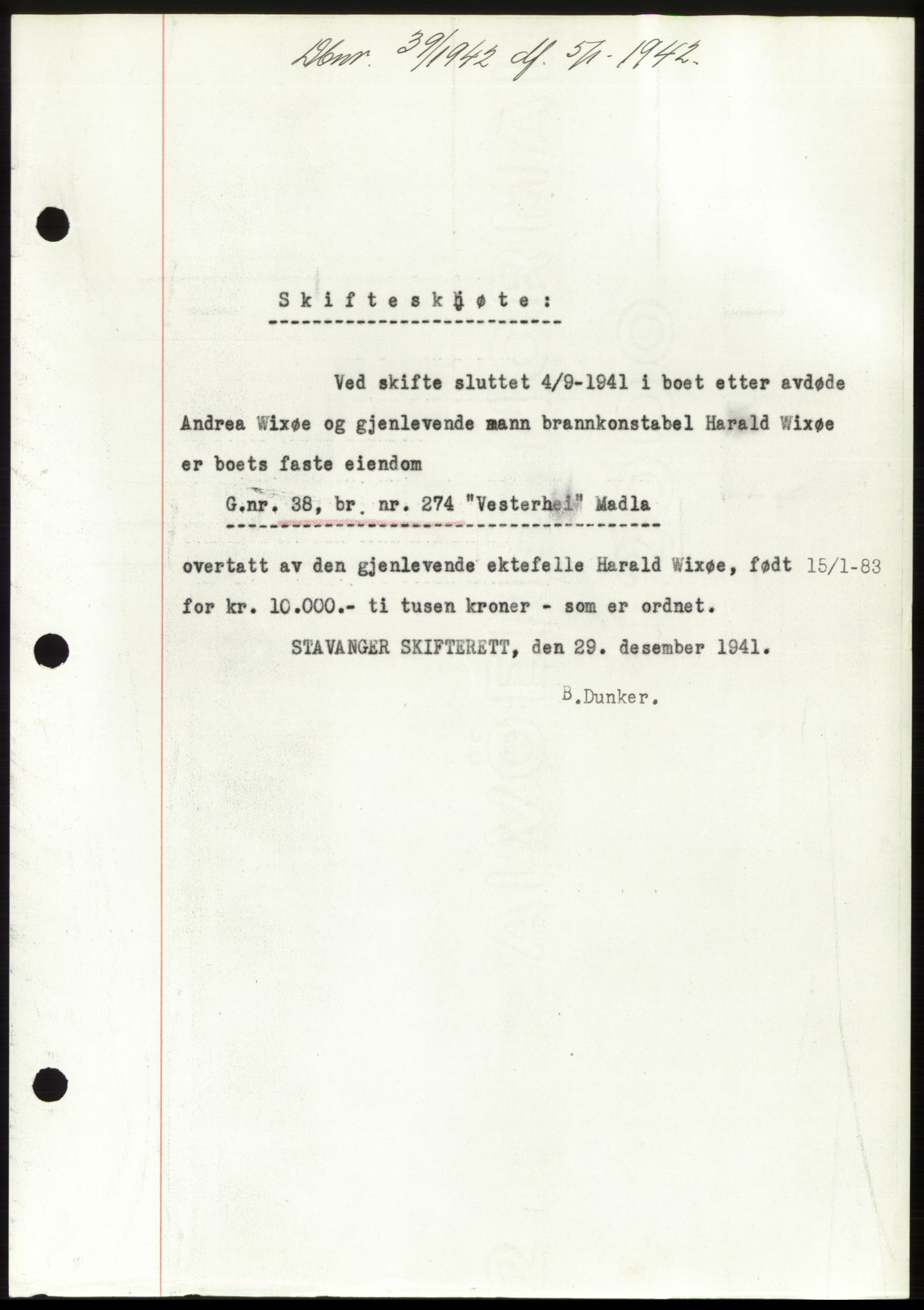 Jæren sorenskriveri, SAST/A-100310/03/G/Gba/L0082: Pantebok, 1942-1942, Dagboknr: 39/1942