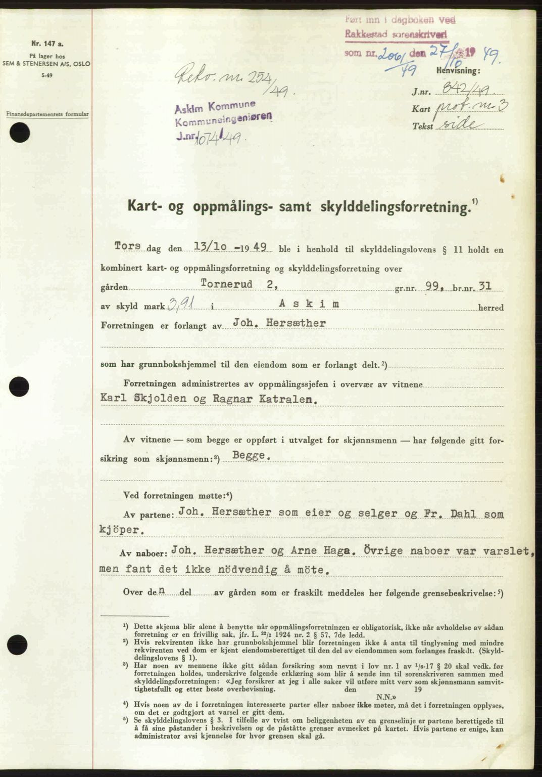 Rakkestad sorenskriveri, SAO/A-10686/G/Gb/Gba/Gbab/L0019: Pantebok nr. A19, 1949-1950, Dagboknr: 2061/1949