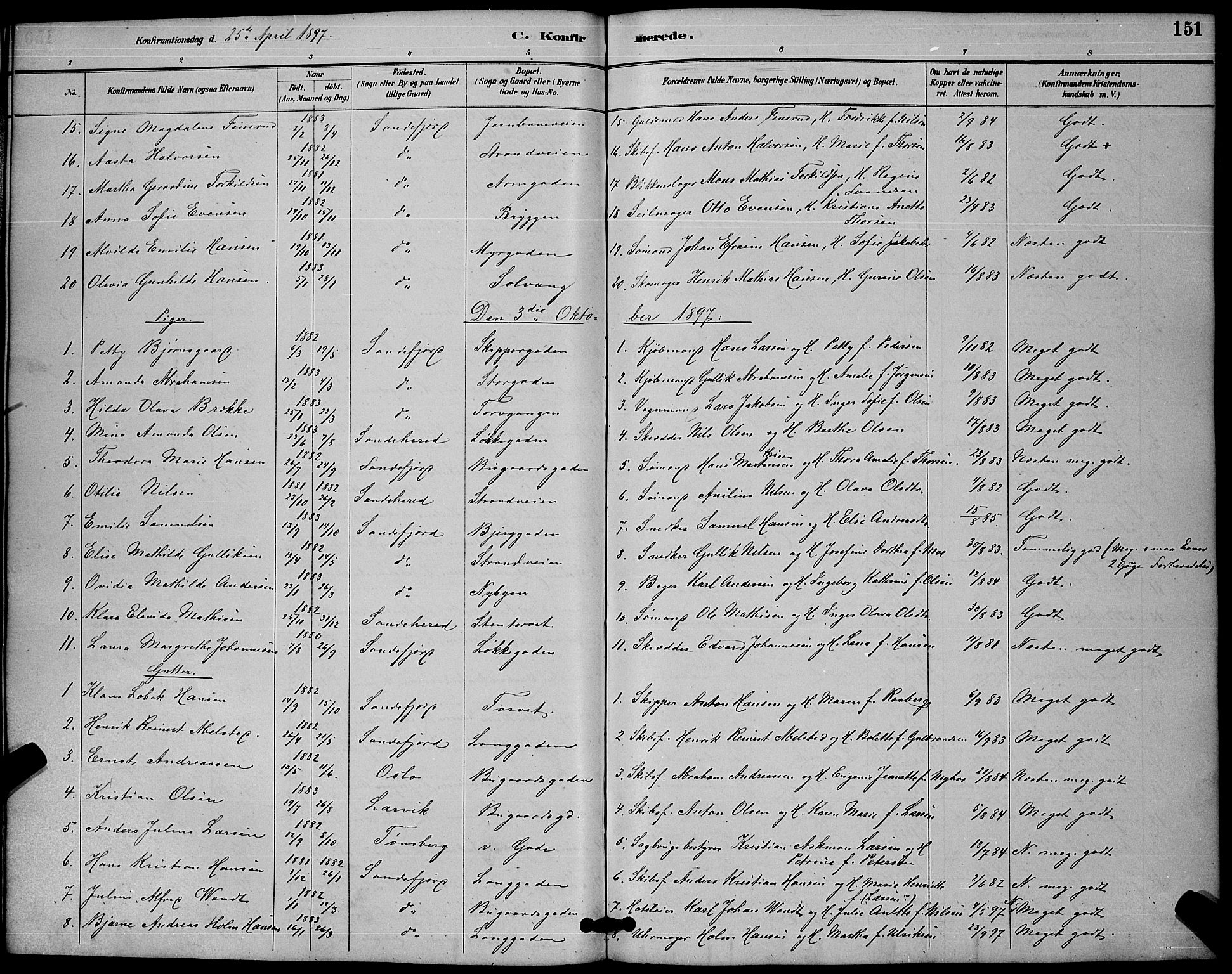 Sandefjord kirkebøker, AV/SAKO-A-315/G/Ga/L0001: Klokkerbok nr. 1, 1885-1903, s. 151