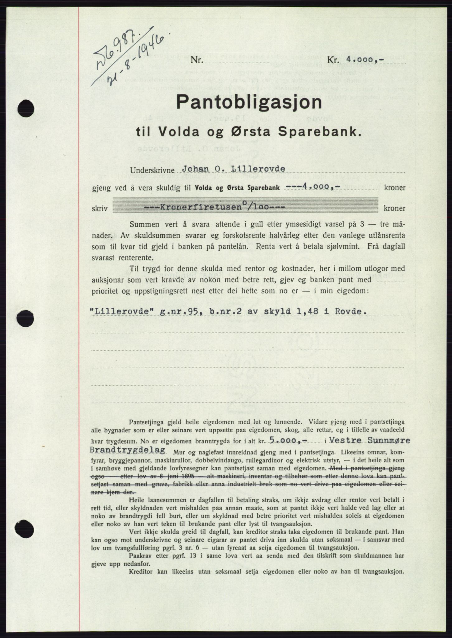 Søre Sunnmøre sorenskriveri, AV/SAT-A-4122/1/2/2C/L0114: Pantebok nr. 1-2B, 1943-1947, Dagboknr: 987/1946