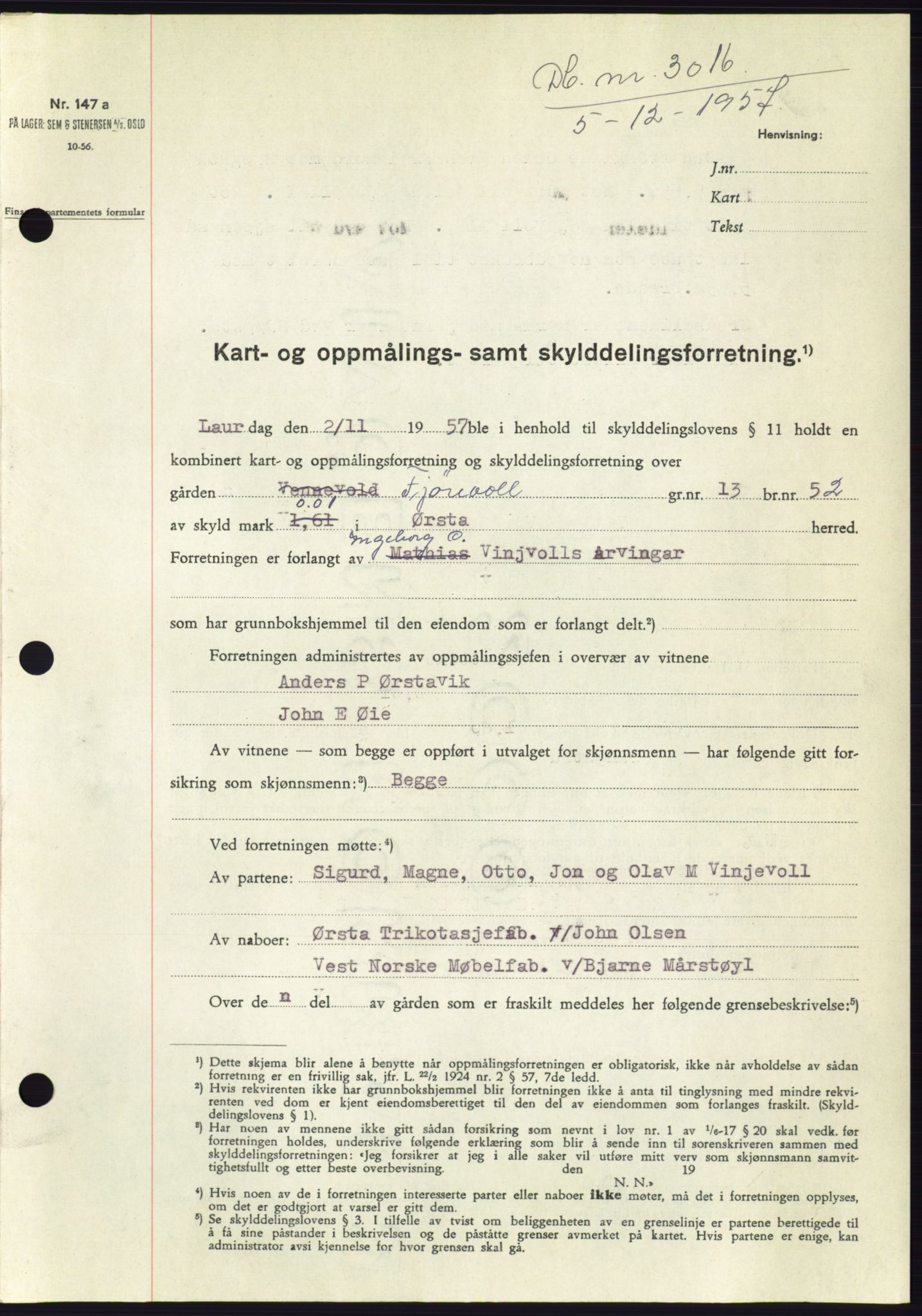 Søre Sunnmøre sorenskriveri, AV/SAT-A-4122/1/2/2C/L0108: Pantebok nr. 34A, 1957-1958, Dagboknr: 3016/1957