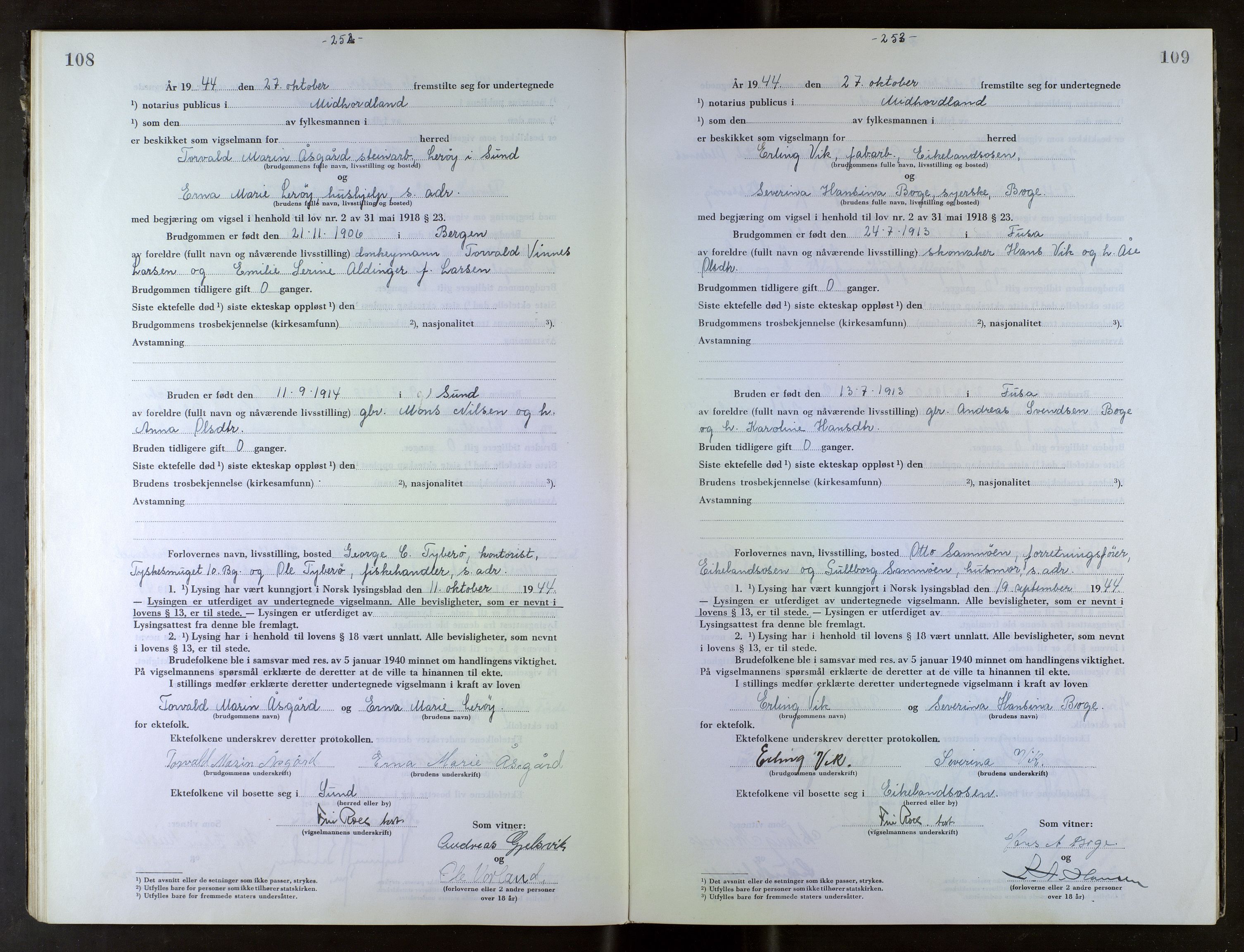 Midhordland sorenskriveri, AV/SAB-A-3001/1/M/Mc/Mca/L0006: Notarialbilag. Vigselbøker, 1944-1945, s. 108-109