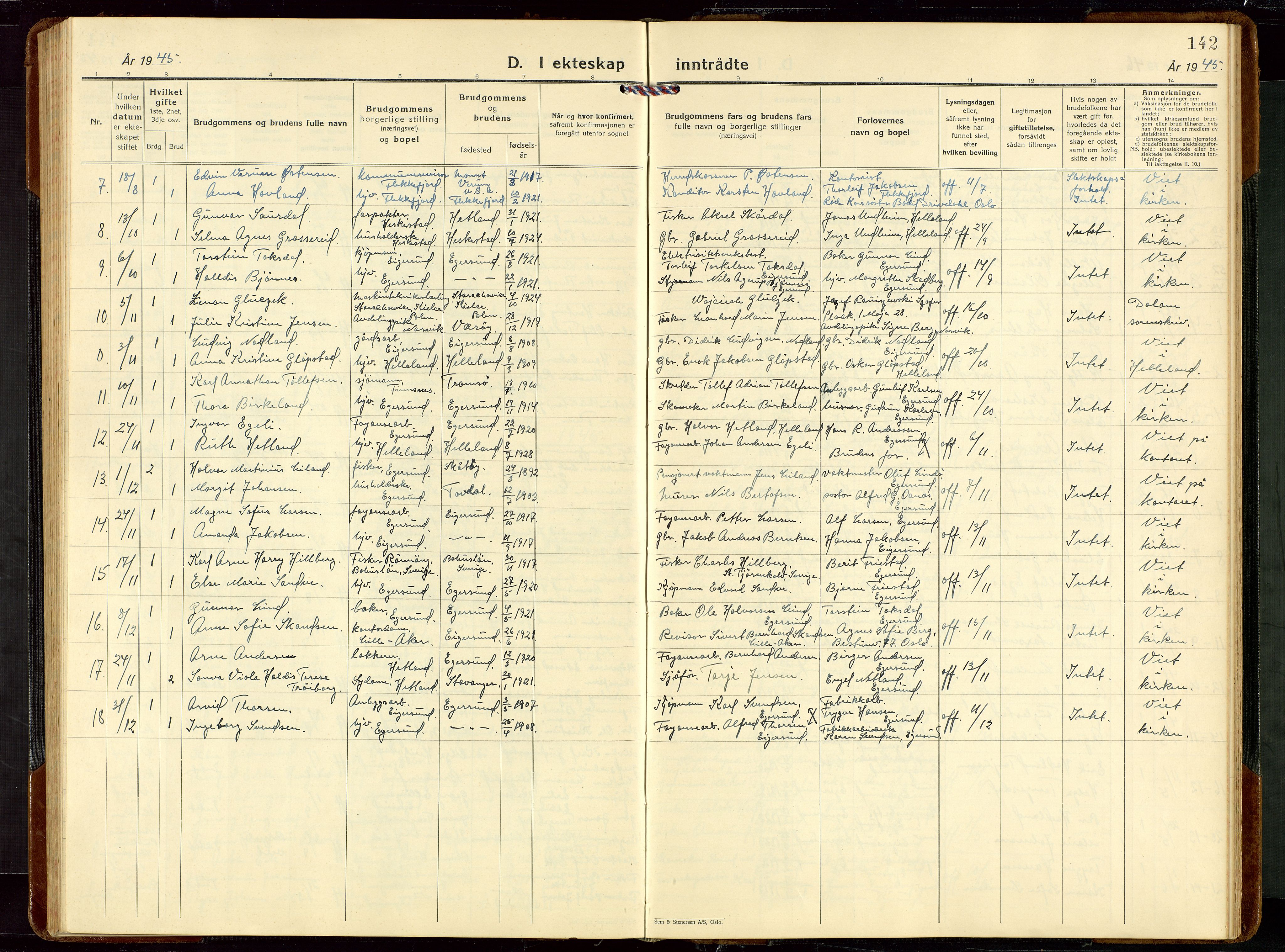 Eigersund sokneprestkontor, AV/SAST-A-101807/S09/L0014: Klokkerbok nr. B 14, 1931-1949, s. 142