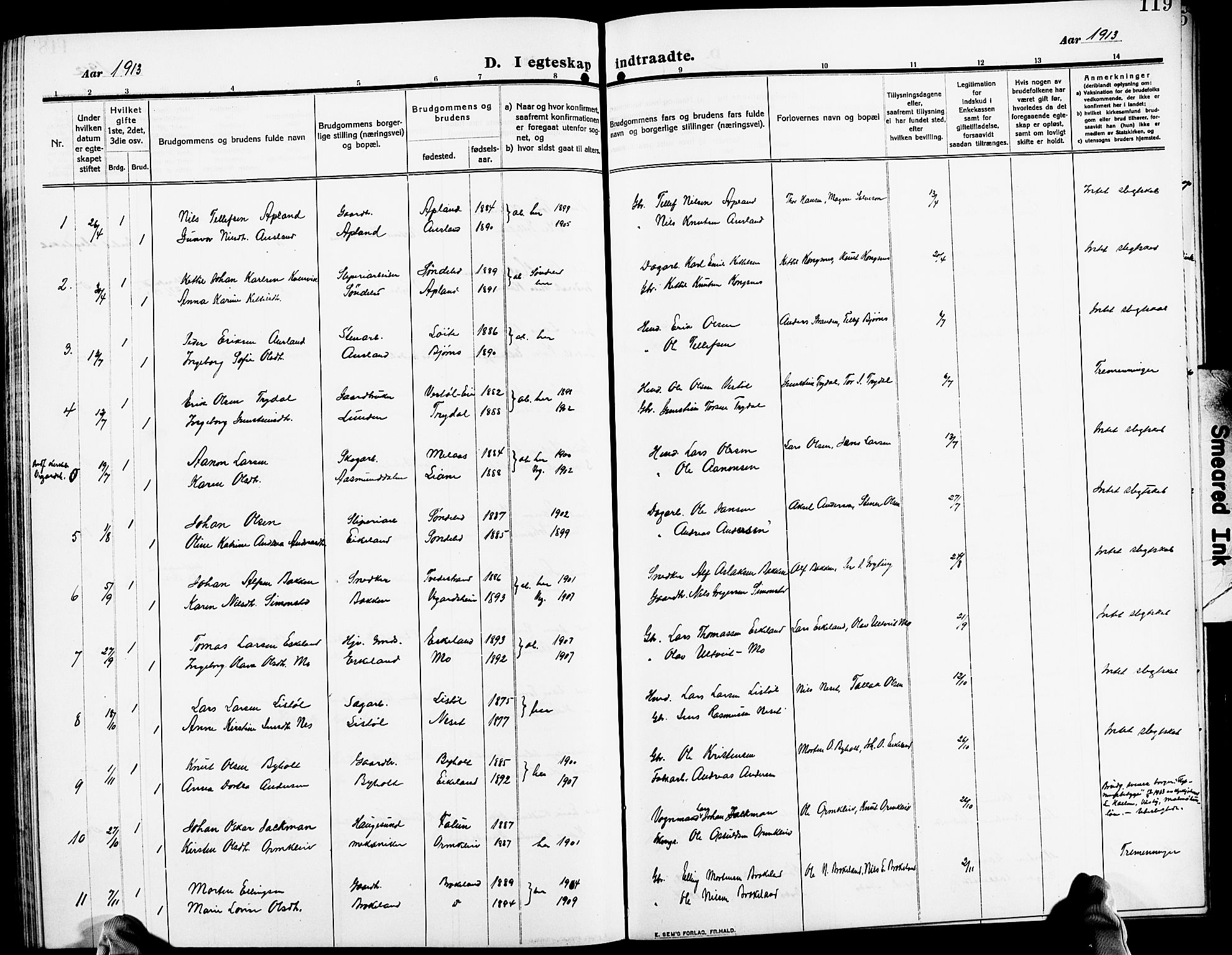 Gjerstad sokneprestkontor, SAK/1111-0014/F/Fb/Fba/L0008: Klokkerbok nr. B 8, 1909-1925, s. 119