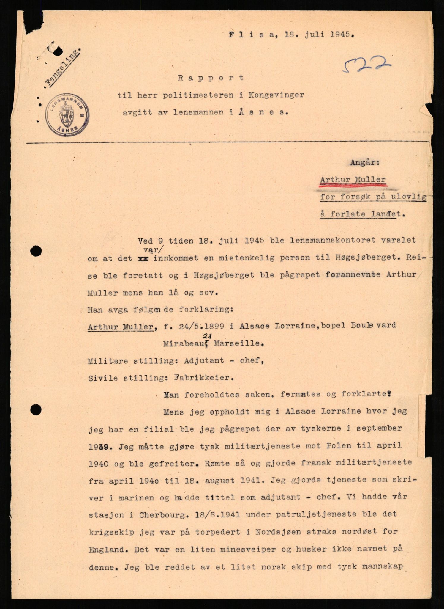 Forsvaret, Forsvarets overkommando II, AV/RA-RAFA-3915/D/Db/L0023: CI Questionaires. Tyske okkupasjonsstyrker i Norge. Tyskere., 1945-1946, s. 9