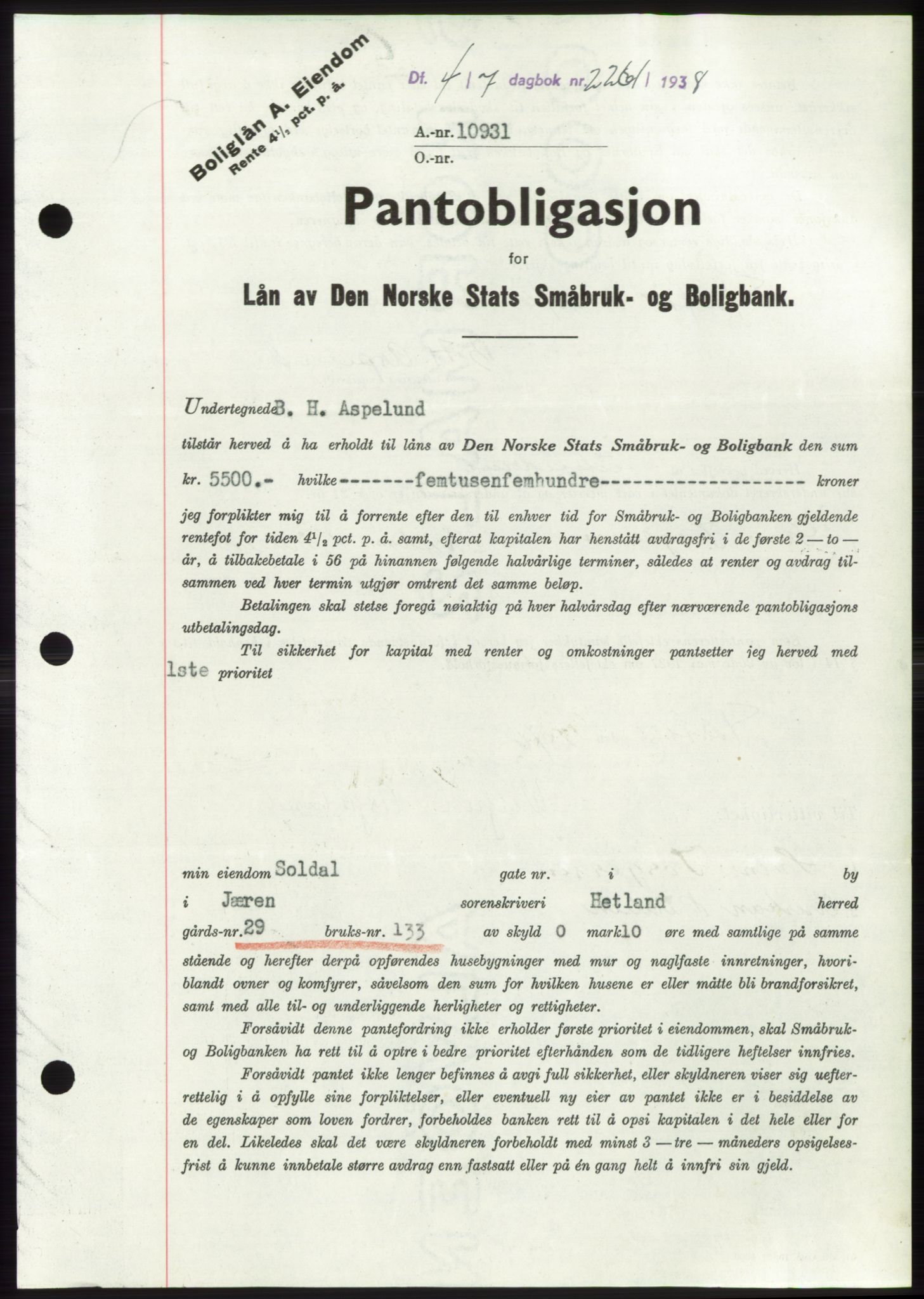 Jæren sorenskriveri, SAST/A-100310/03/G/Gba/L0071: Pantebok, 1938-1938, Dagboknr: 2261/1938