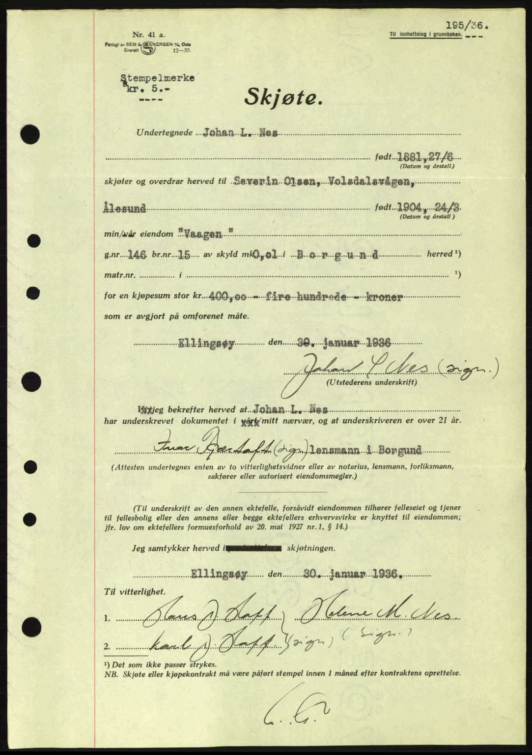 Nordre Sunnmøre sorenskriveri, AV/SAT-A-0006/1/2/2C/2Ca: Pantebok nr. A1, 1936-1936, Dagboknr: 195/1936