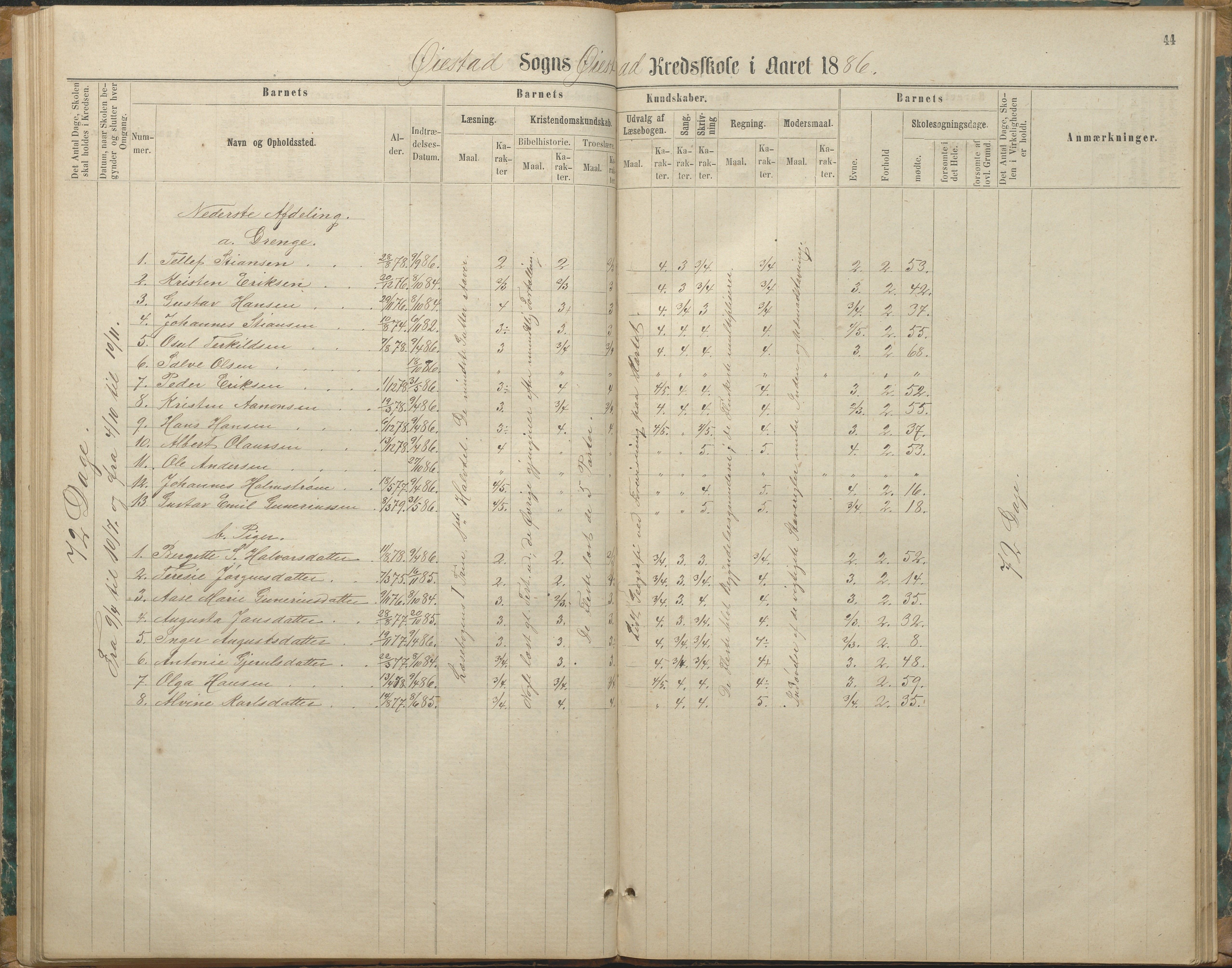 Øyestad kommune frem til 1979, AAKS/KA0920-PK/06/06F/L0003: Skolejournal, 1865-1891, s. 43