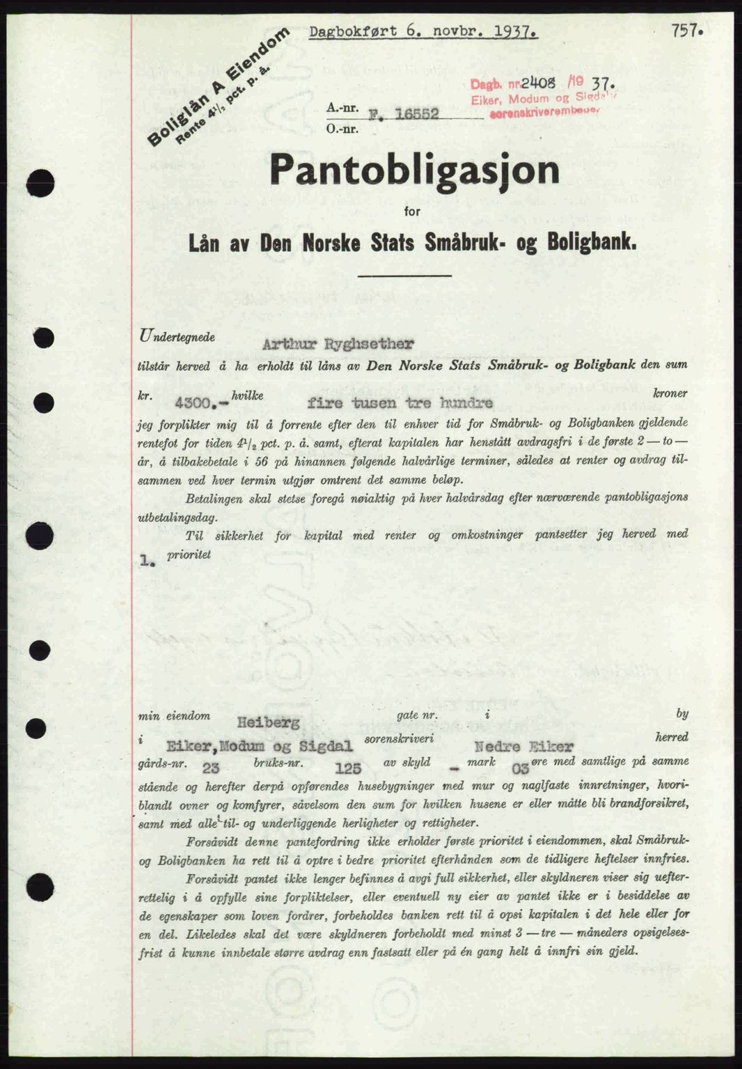 Eiker, Modum og Sigdal sorenskriveri, SAKO/A-123/G/Ga/Gab/L0036: Pantebok nr. A6, 1937-1937, Dagboknr: 2408/1937