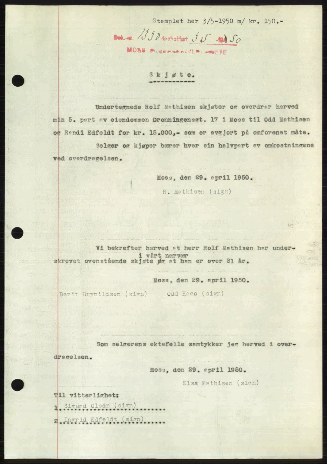 Moss sorenskriveri, SAO/A-10168: Pantebok nr. A26, 1950-1950, Dagboknr: 1330/1950