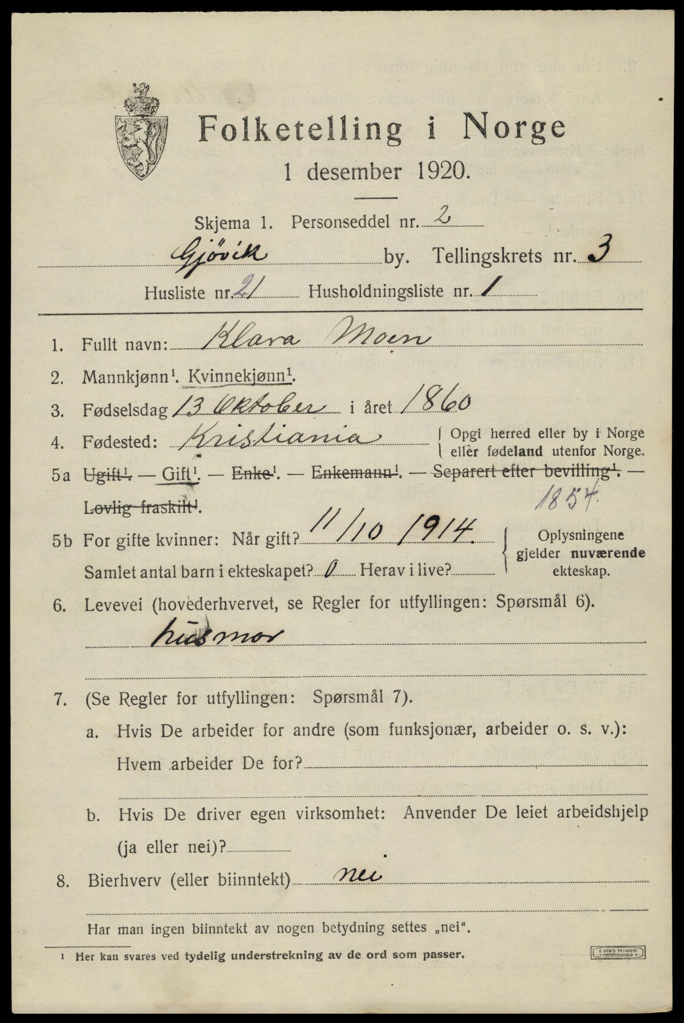 SAH, Folketelling 1920 for 0502 Gjøvik kjøpstad, 1920, s. 6606