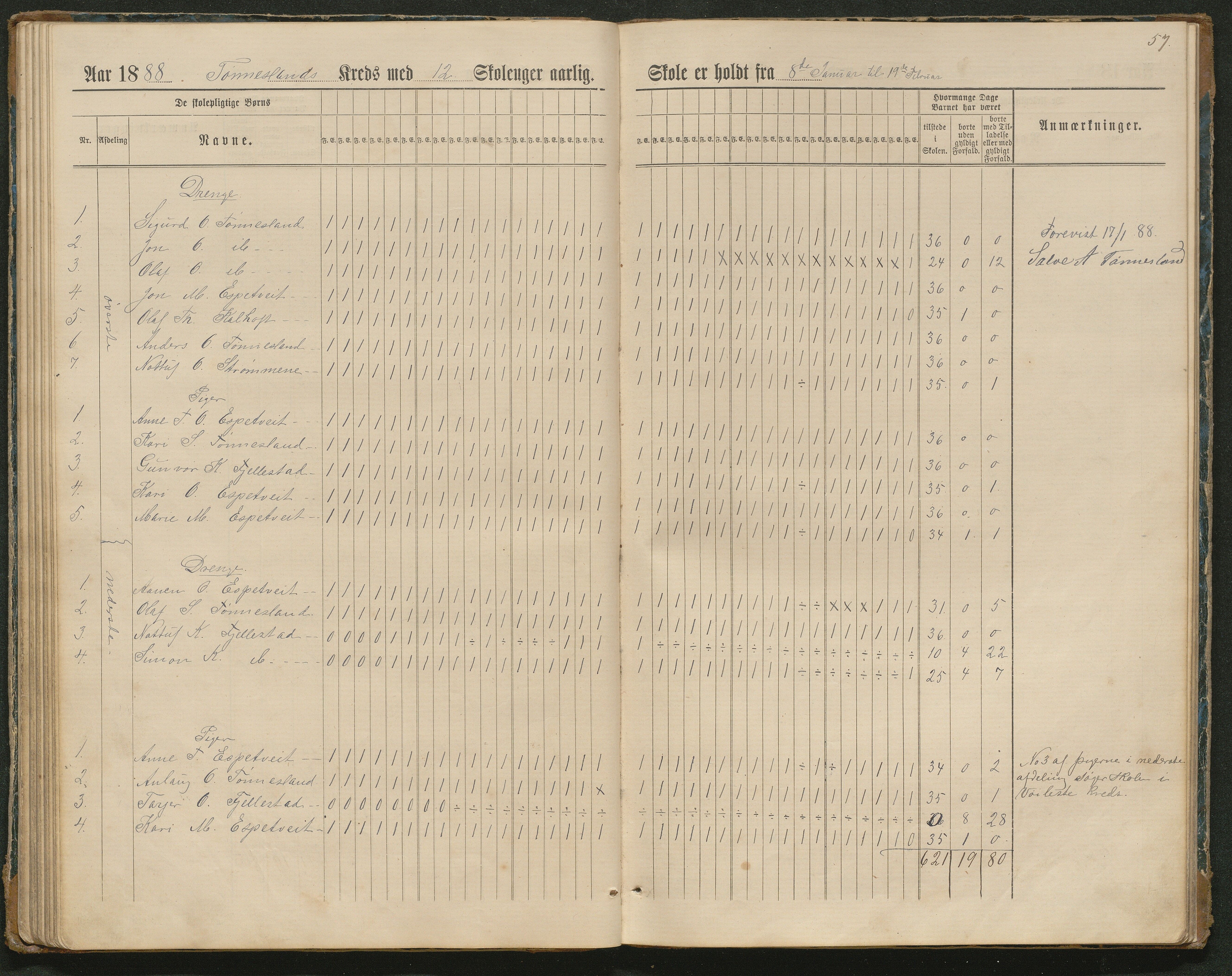 Hornnes kommune, Tønnesvold, Abusland skolekretser, AAKS/KA0936-550g/F1/L0003: Dagbok Abusland, Tønnesland, 1884-1900, s. 57