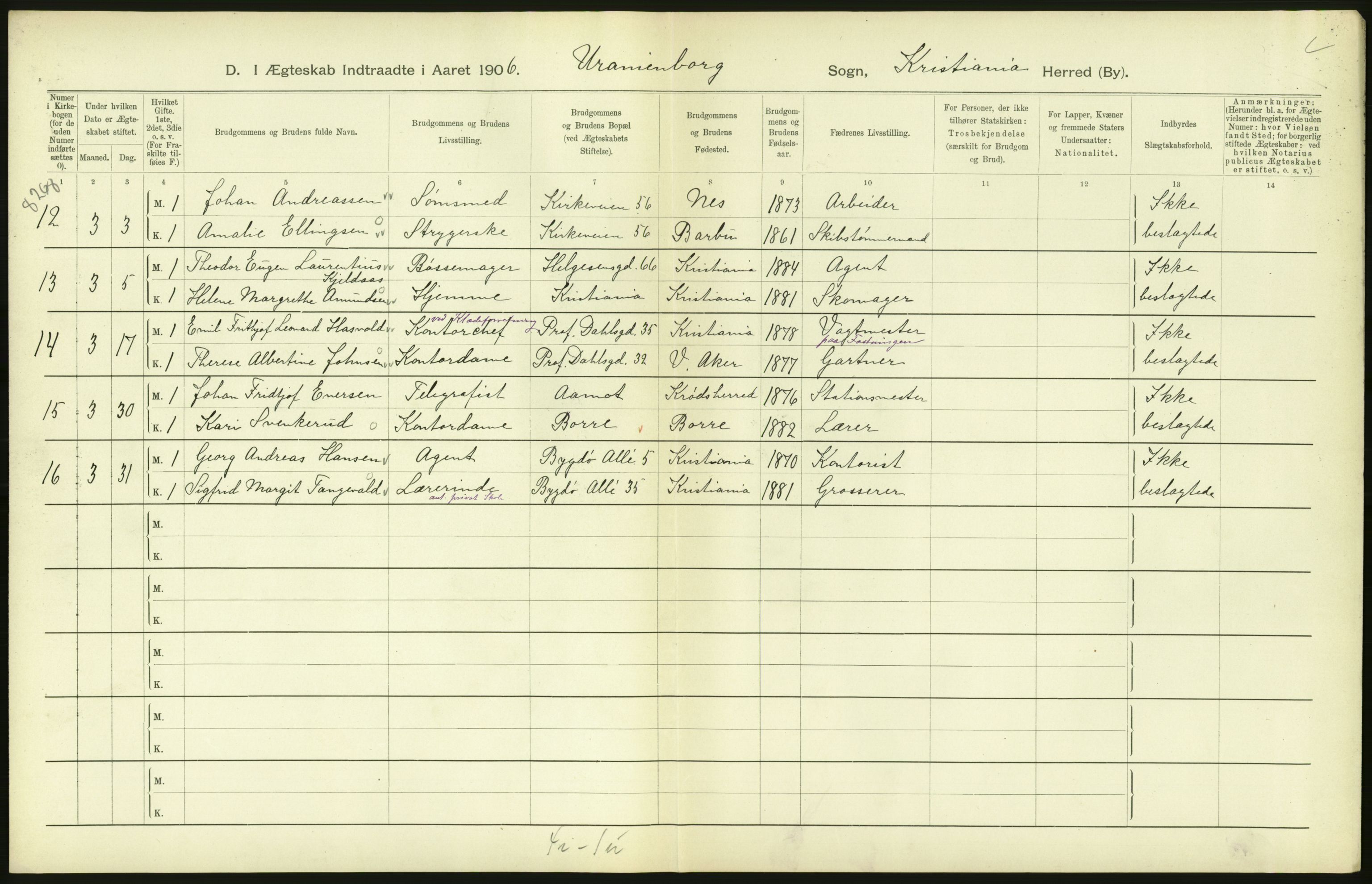 Statistisk sentralbyrå, Sosiodemografiske emner, Befolkning, AV/RA-S-2228/D/Df/Dfa/Dfad/L0008: Kristiania: Gifte, 1906, s. 462