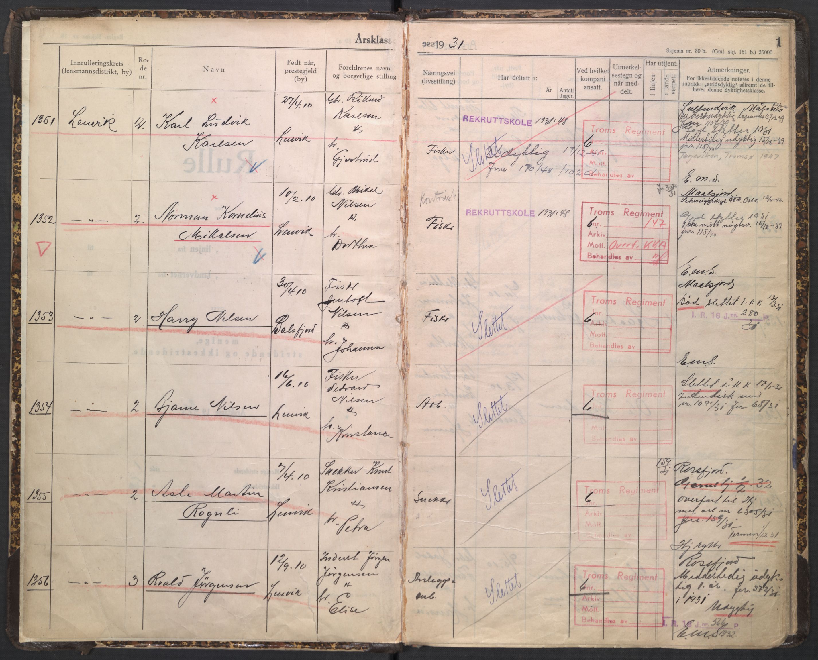 Forsvaret, Troms infanteriregiment nr. 16, AV/RA-RAFA-3146/P/Pa/L0005/0006: Ruller / Rulle for Bardu bataljons menige mannskaper, årsklasse 1931, 1931, s. 1