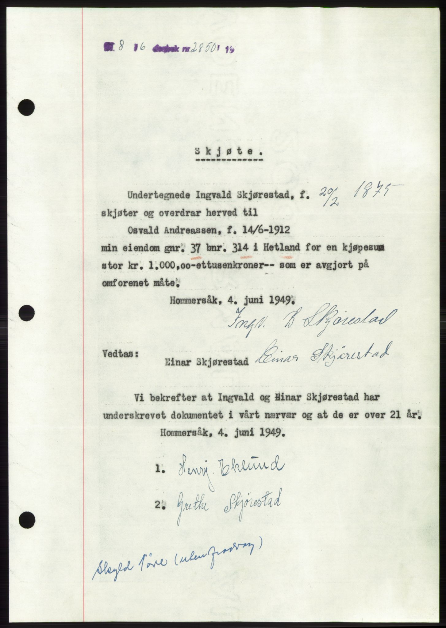 Jæren sorenskriveri, SAST/A-100310/03/G/Gba/L0103: Pantebok, 1949-1949, Dagboknr: 2850/1949