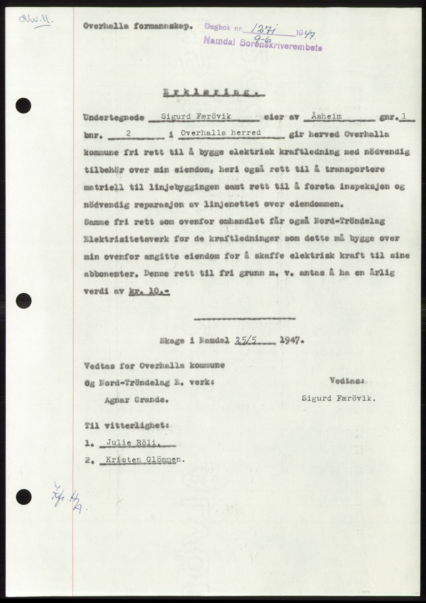 Namdal sorenskriveri, SAT/A-4133/1/2/2C: Pantebok nr. -, 1947-1947, Dagboknr: 1271/1947