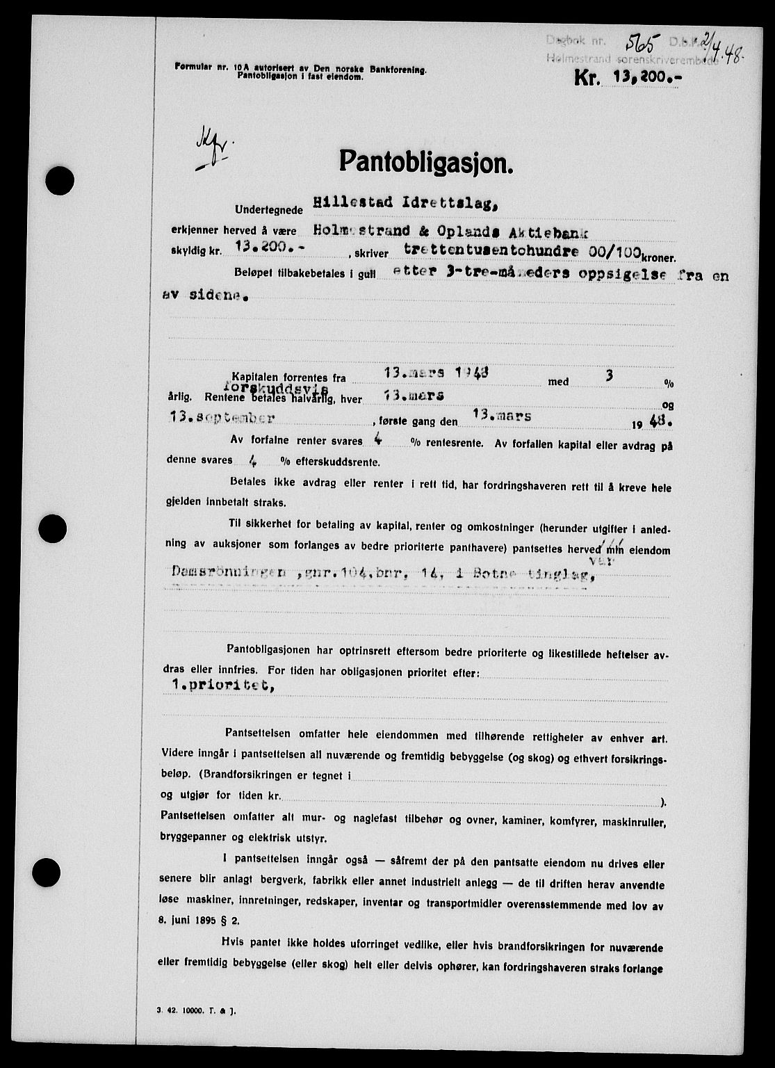Holmestrand sorenskriveri, SAKO/A-67/G/Ga/Gab/L0058: Pantebok nr. B-58, 1947-1948, Dagboknr: 565/1948