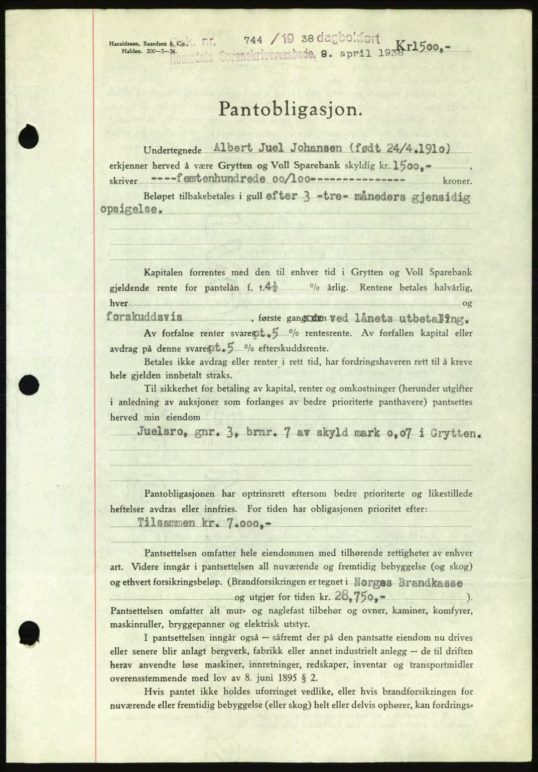 Romsdal sorenskriveri, SAT/A-4149/1/2/2C: Pantebok nr. B1, 1936-1939, Dagboknr: 744/1938