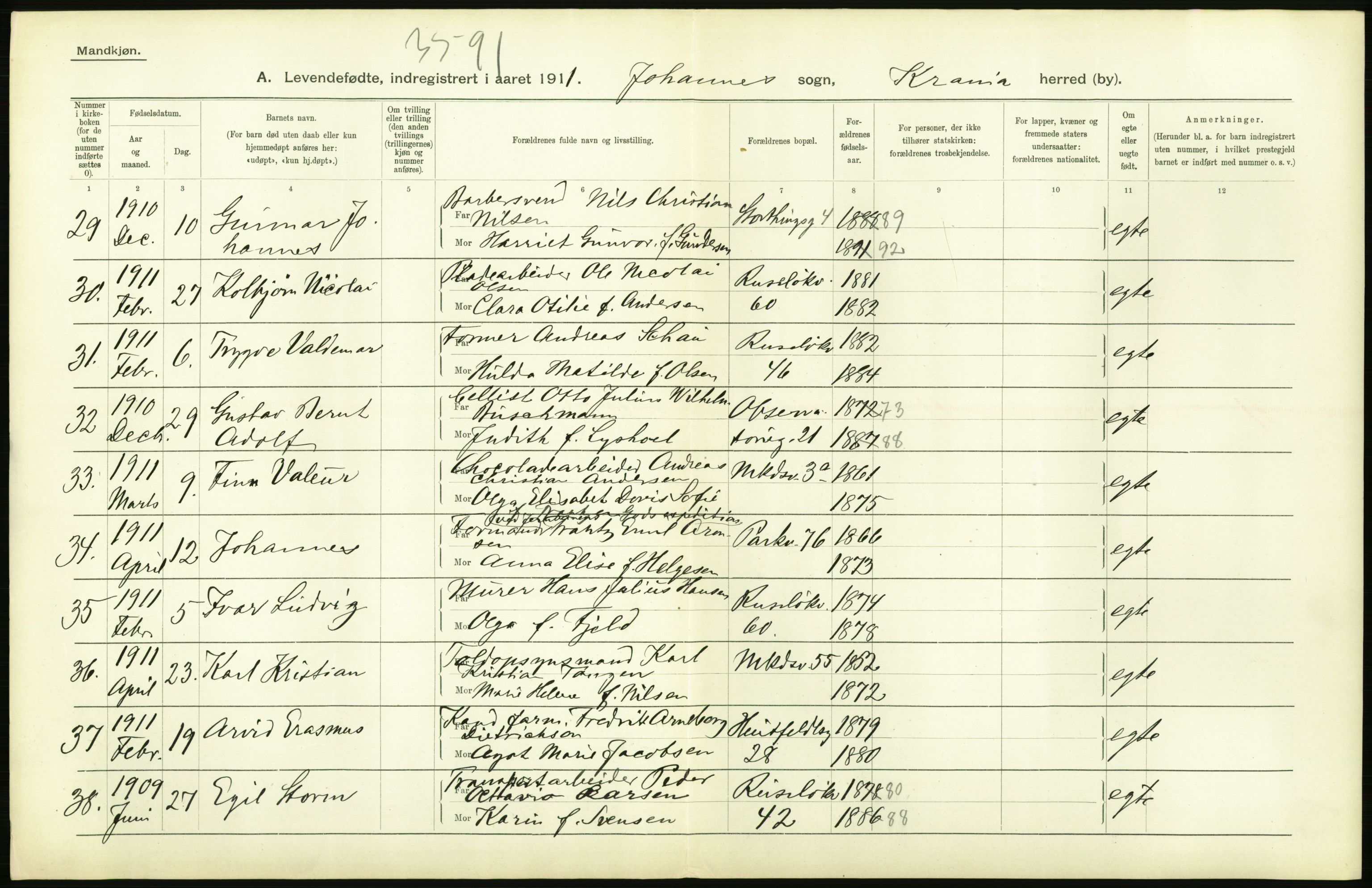 Statistisk sentralbyrå, Sosiodemografiske emner, Befolkning, AV/RA-S-2228/D/Df/Dfb/Dfba/L0006: Kristiania: Levendefødte menn., 1911, s. 178