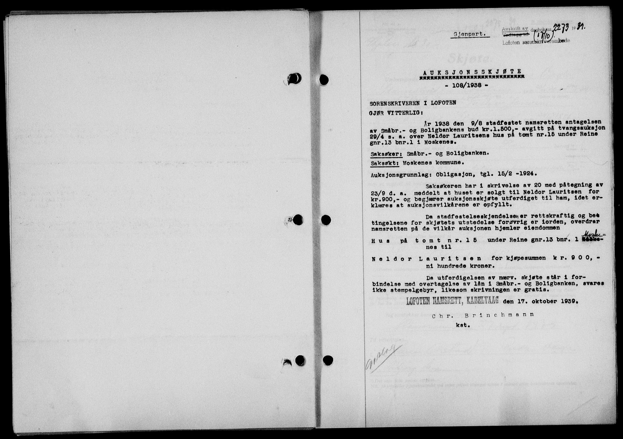 Lofoten sorenskriveri, SAT/A-0017/1/2/2C/L0006a: Pantebok nr. 6a, 1939-1939, Dagboknr: 2273/1939