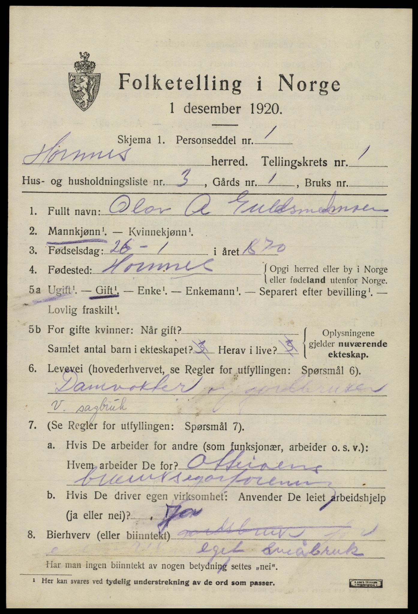 SAK, Folketelling 1920 for 0936 Hornnes herred, 1920, s. 579