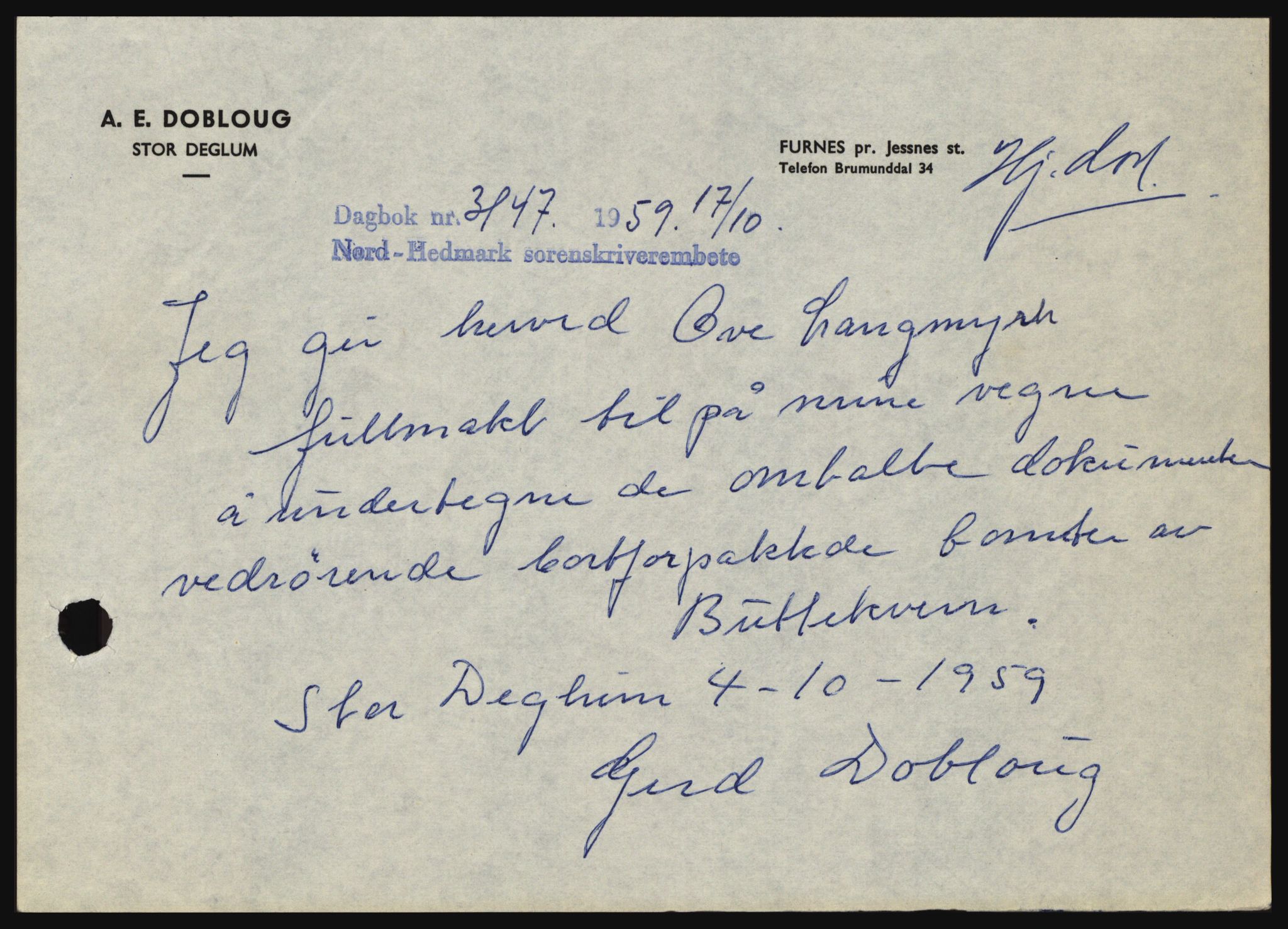 Nord-Hedmark sorenskriveri, SAH/TING-012/H/Hc/L0013: Pantebok nr. 13, 1959-1960, Dagboknr: 3147/1959