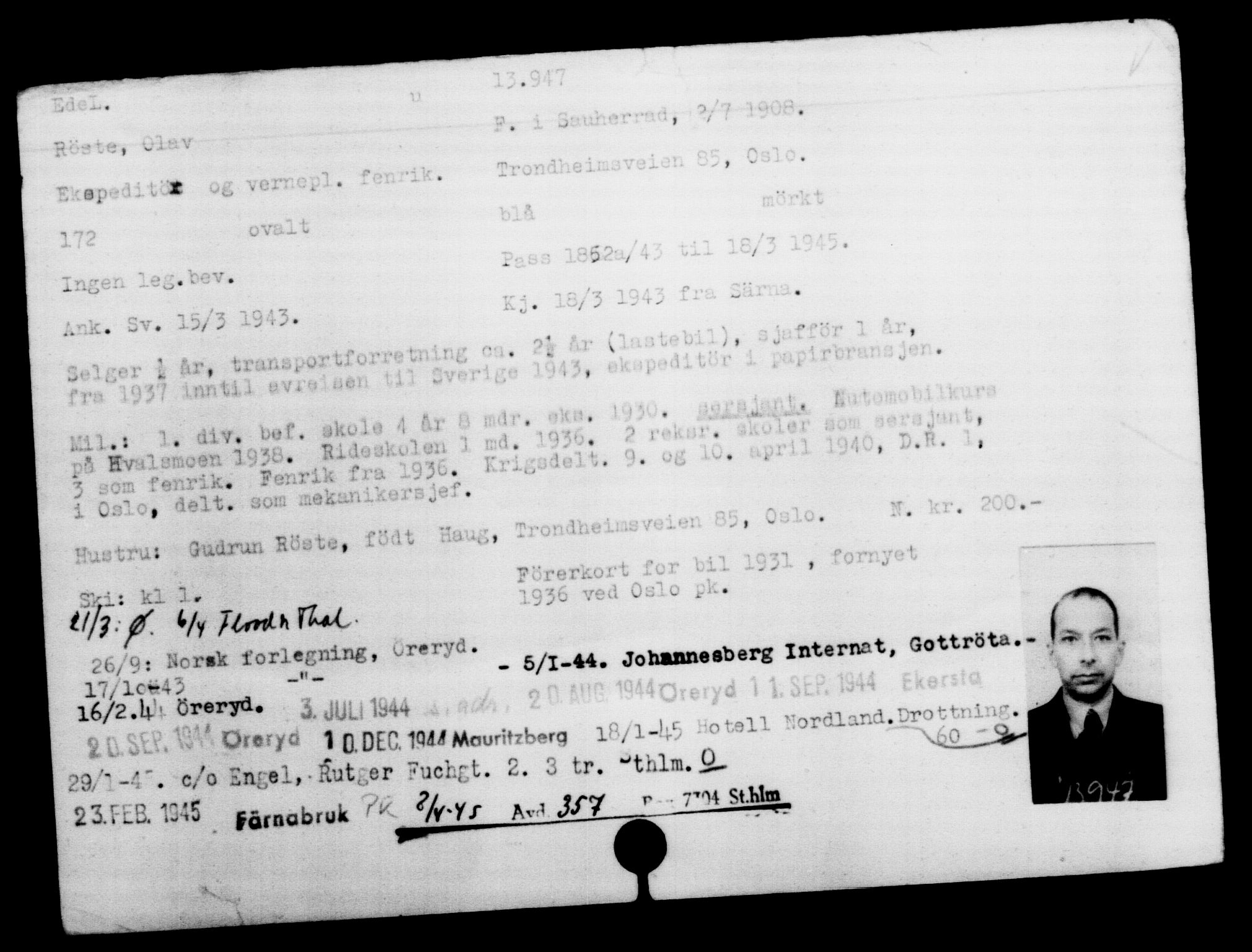 Utenriksstasjonene, Legasjonen i Stockholm, Flyktningkontoret, AV/RA-S-6753/V/Va/L0007: Kjesäterkartoteket, flyktninger med registreringsnr. 12700-15723, 1940-1945, s. 1426