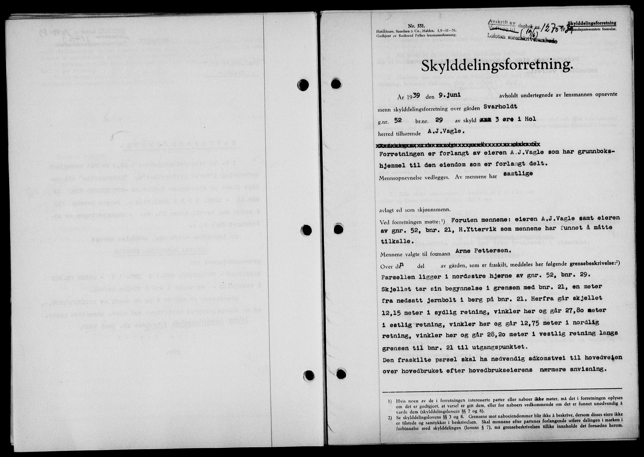 Lofoten sorenskriveri, SAT/A-0017/1/2/2C/L0005a: Pantebok nr. 5a, 1939-1939, Dagboknr: 1270/1939