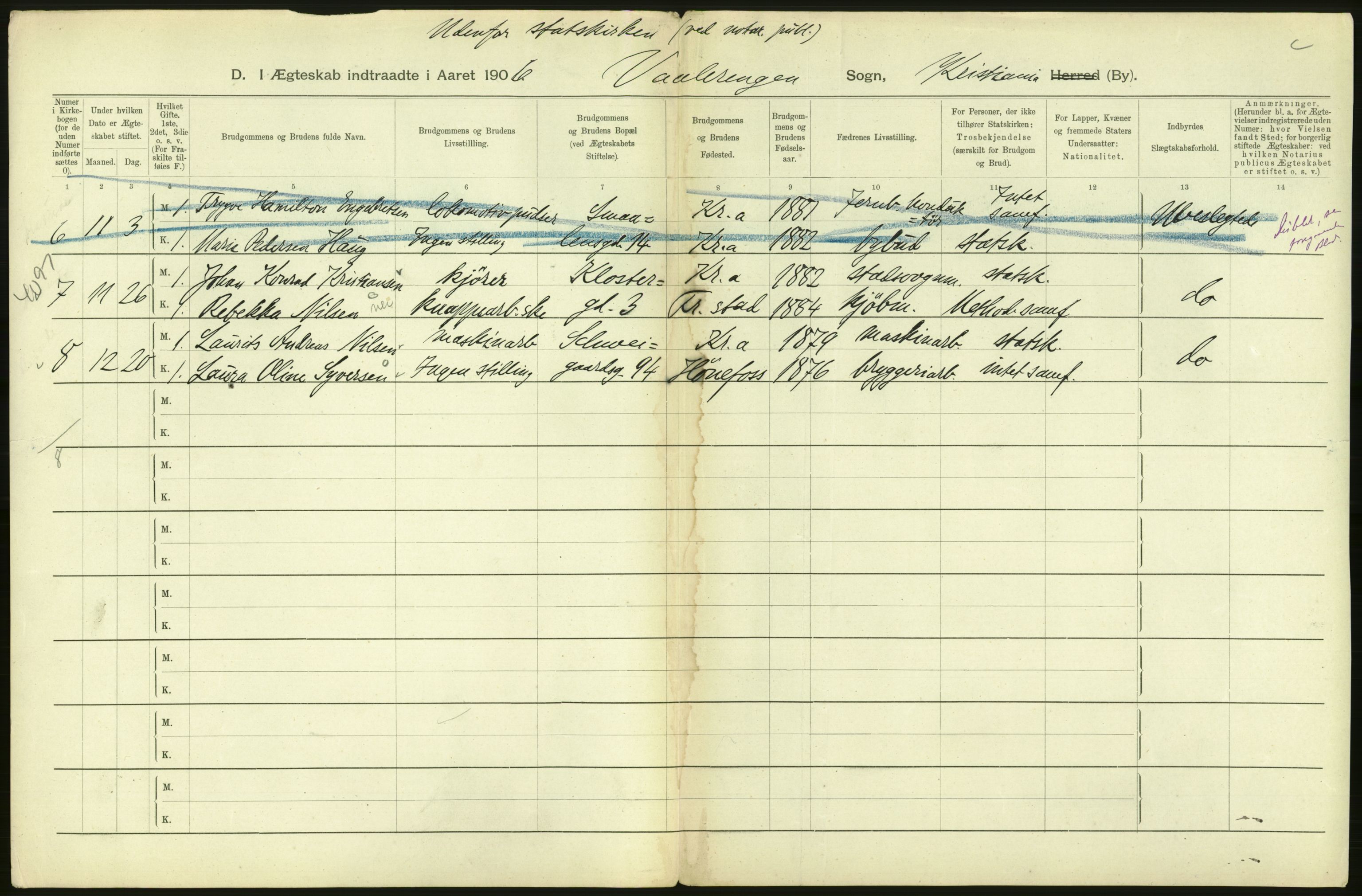 Statistisk sentralbyrå, Sosiodemografiske emner, Befolkning, AV/RA-S-2228/D/Df/Dfa/Dfad/L0008: Kristiania: Gifte, 1906, s. 548