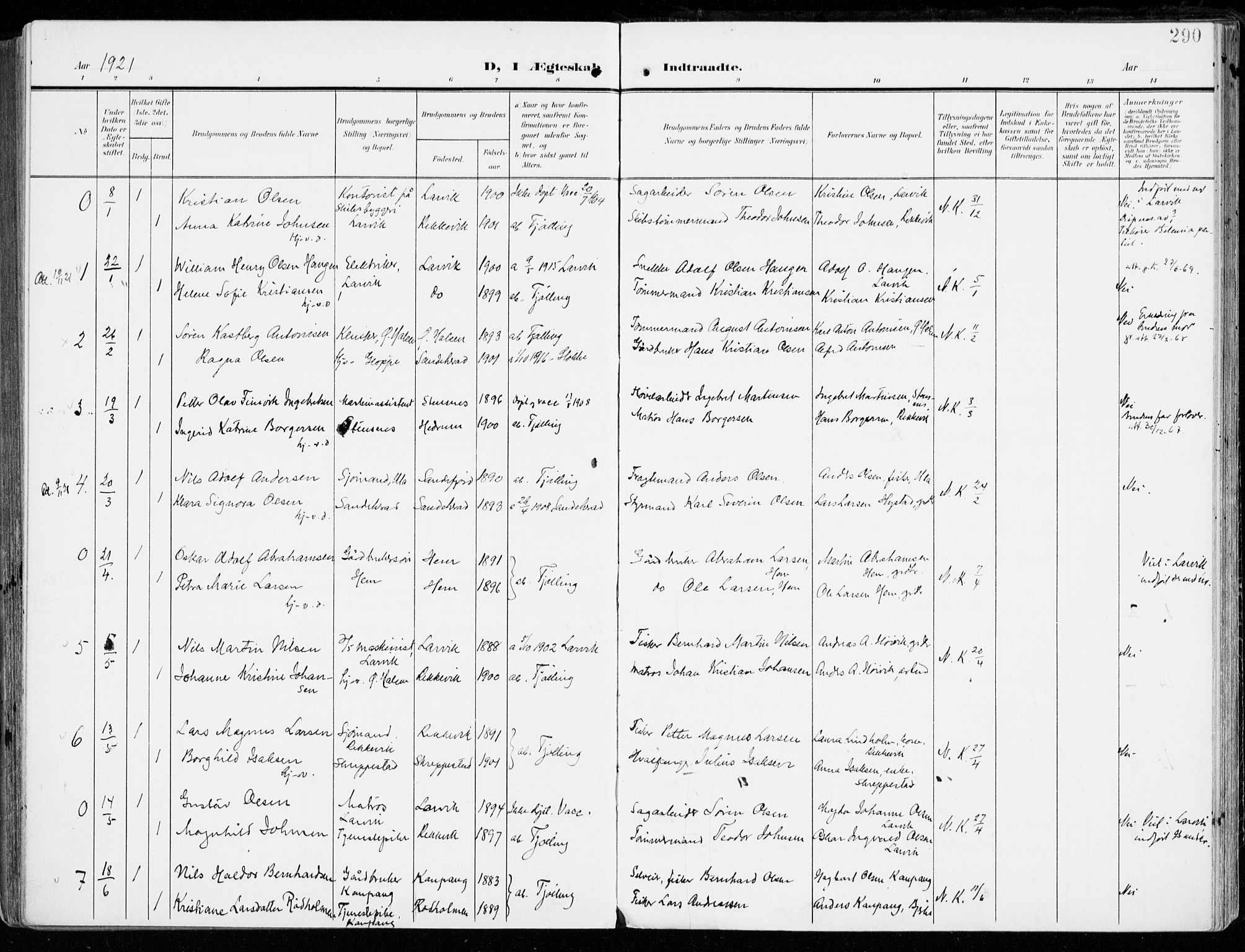 Tjølling kirkebøker, AV/SAKO-A-60/F/Fa/L0010: Ministerialbok nr. 10, 1906-1923, s. 290