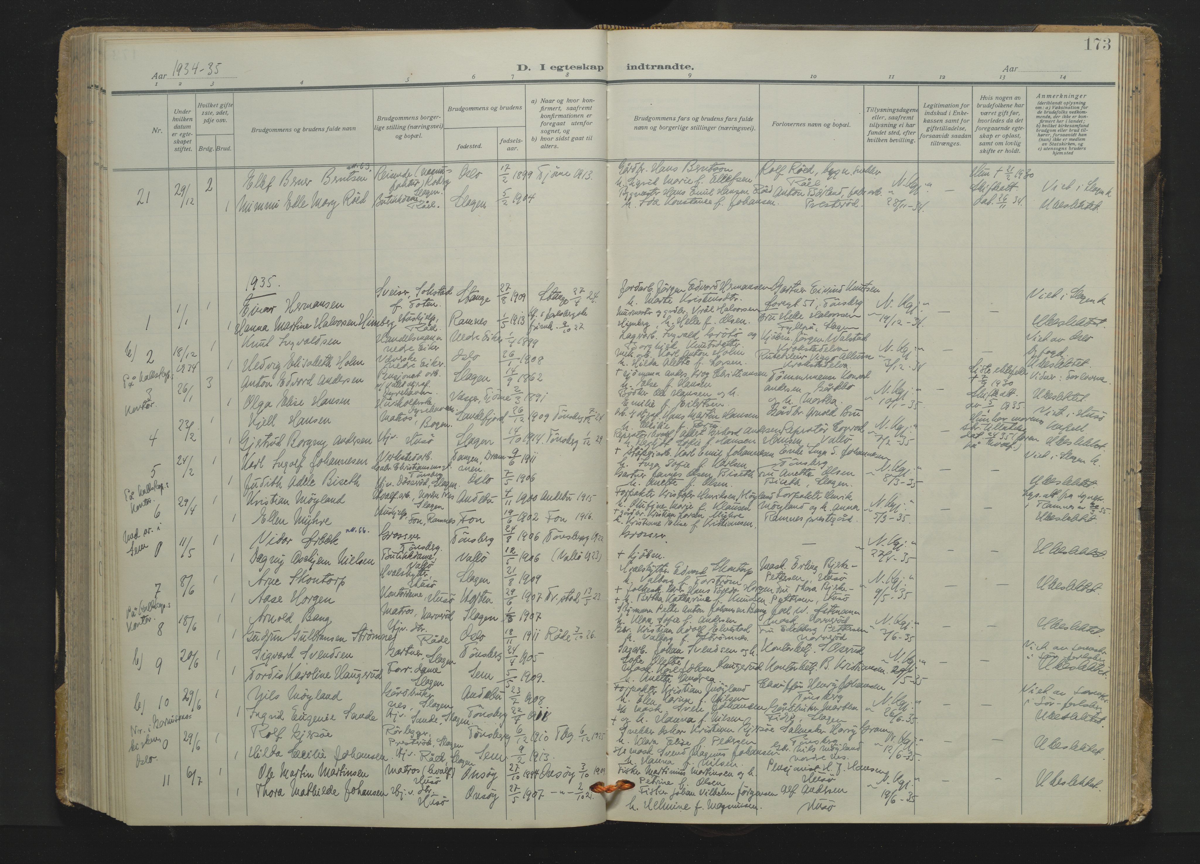 Søndre Slagen kirkebøker, AV/SAKO-A-326/F/Fa/L0001: Ministerialbok nr. 1, 1922-1935, s. 173