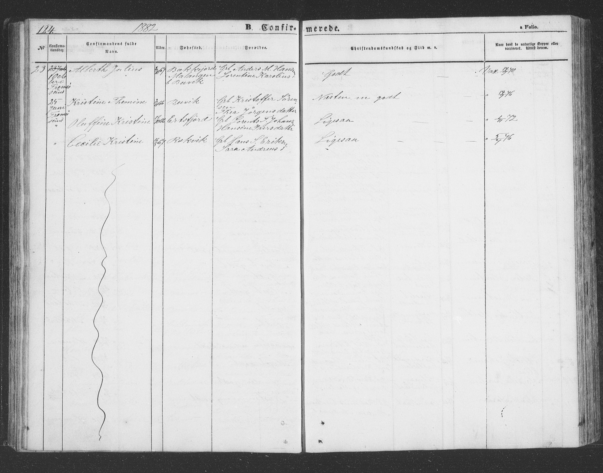Lenvik sokneprestembete, SATØ/S-1310/H/Ha/Hab/L0020klokker: Klokkerbok nr. 20, 1855-1883, s. 124