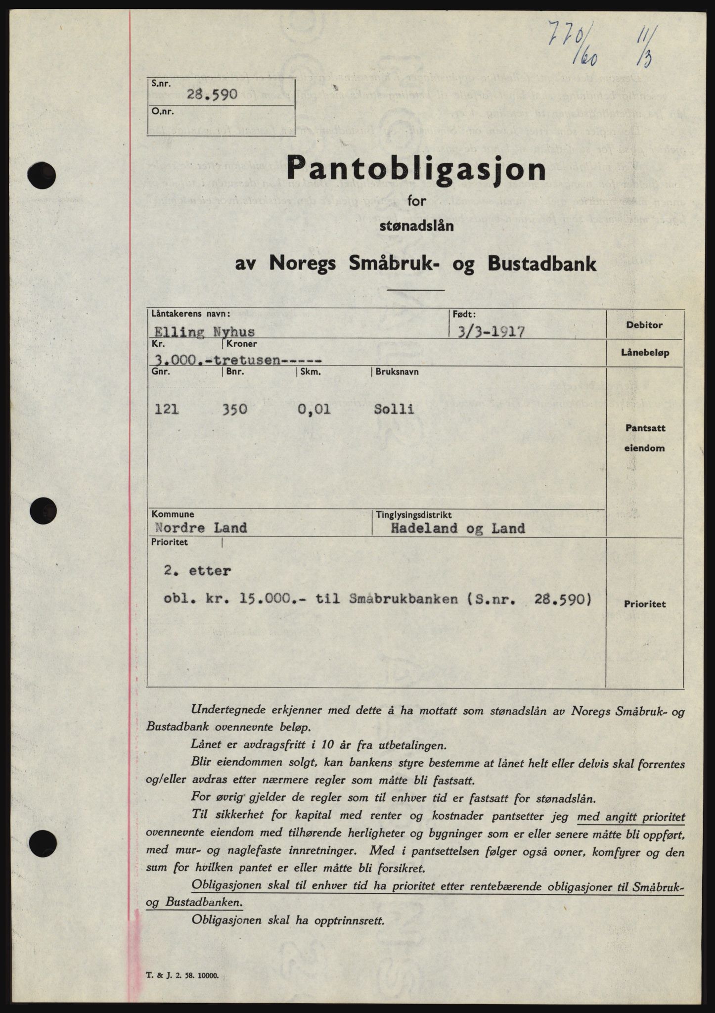 Hadeland og Land tingrett, SAH/TING-010/H/Hb/Hbc/L0042: Pantebok nr. B42, 1959-1960, Dagboknr: 770/1960