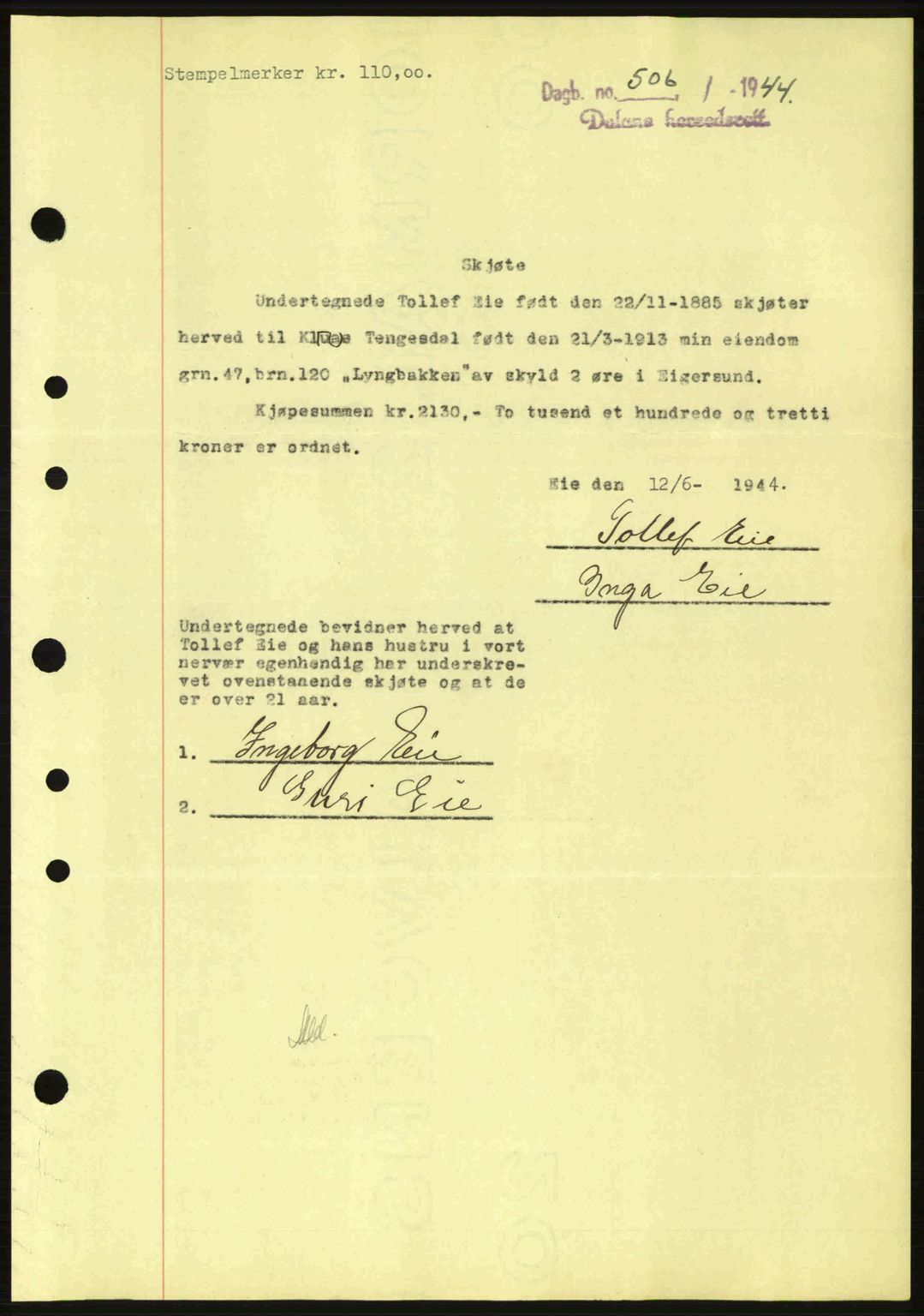 Dalane sorenskriveri, SAST/A-100309/02/G/Gb/L0047: Pantebok nr. A8 I, 1944-1945, Dagboknr: 506/1944