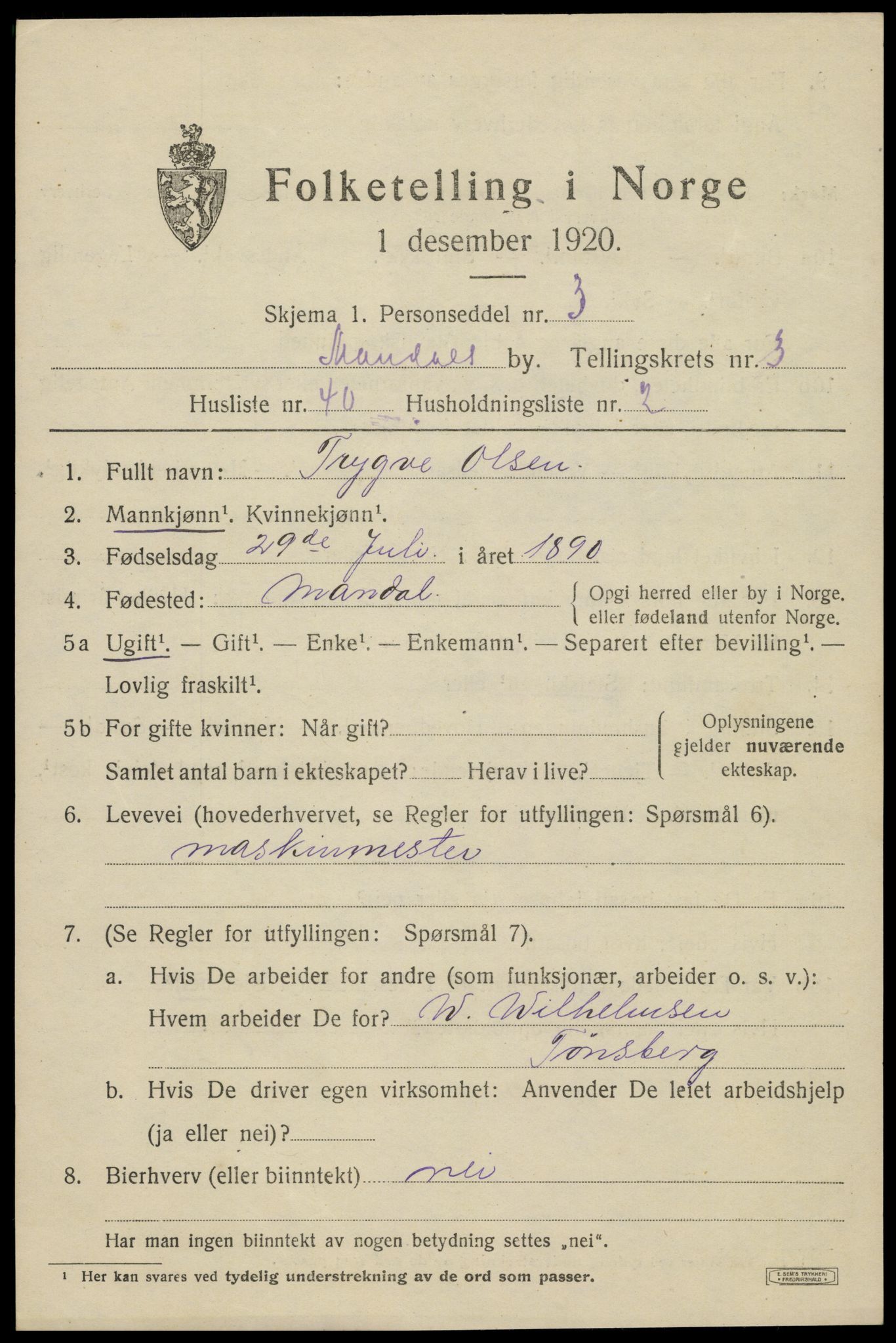 SAK, Folketelling 1920 for 1002 Mandal ladested, 1920, s. 5865