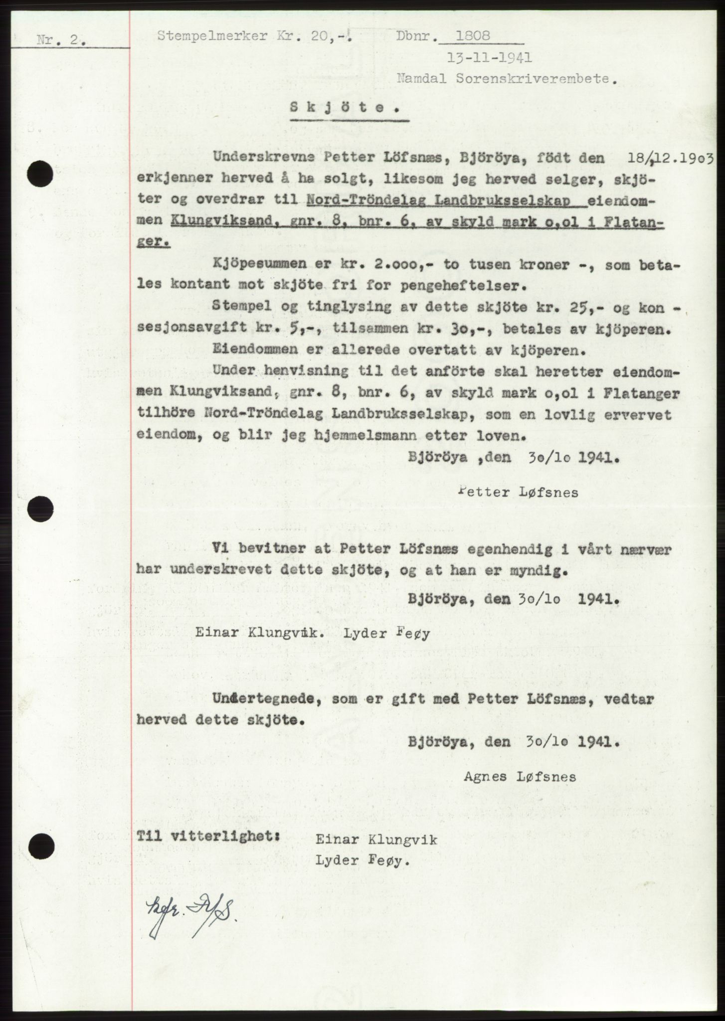 Namdal sorenskriveri, SAT/A-4133/1/2/2C: Pantebok nr. -, 1941-1942, Dagboknr: 1808/1941