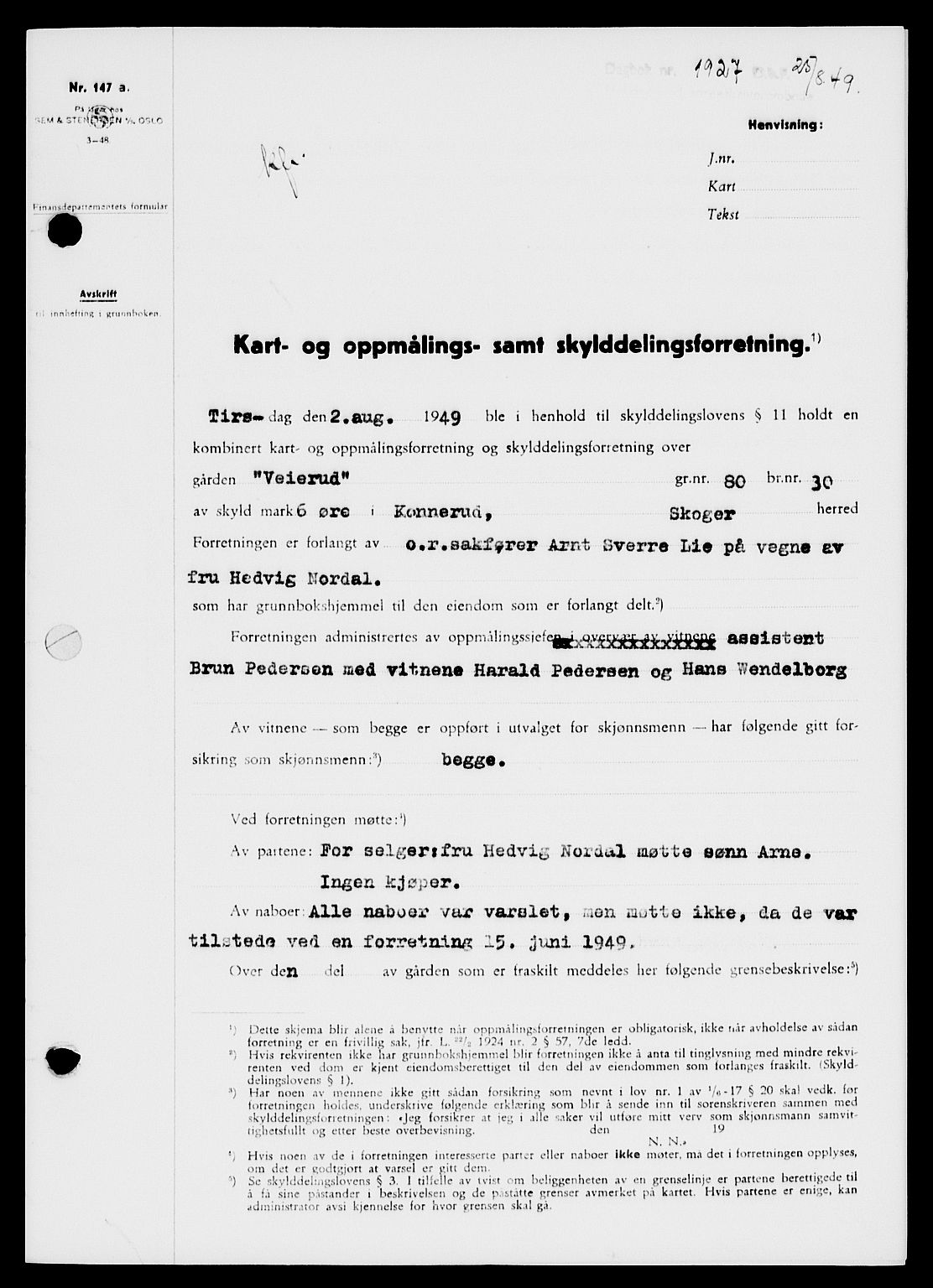 Holmestrand sorenskriveri, SAKO/A-67/G/Ga/Gaa/L0067: Pantebok nr. A-67, 1949-1949, Dagboknr: 1927/1949