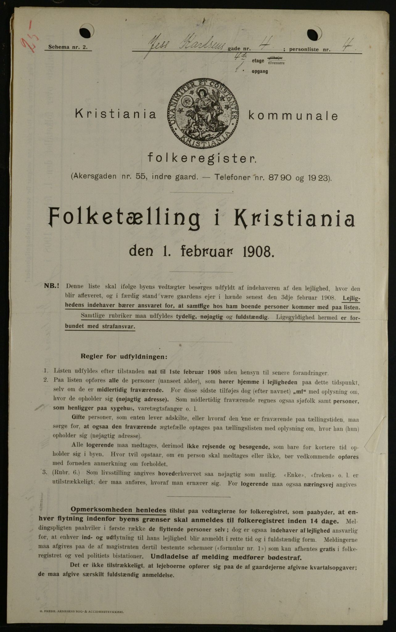 OBA, Kommunal folketelling 1.2.1908 for Kristiania kjøpstad, 1908, s. 42001