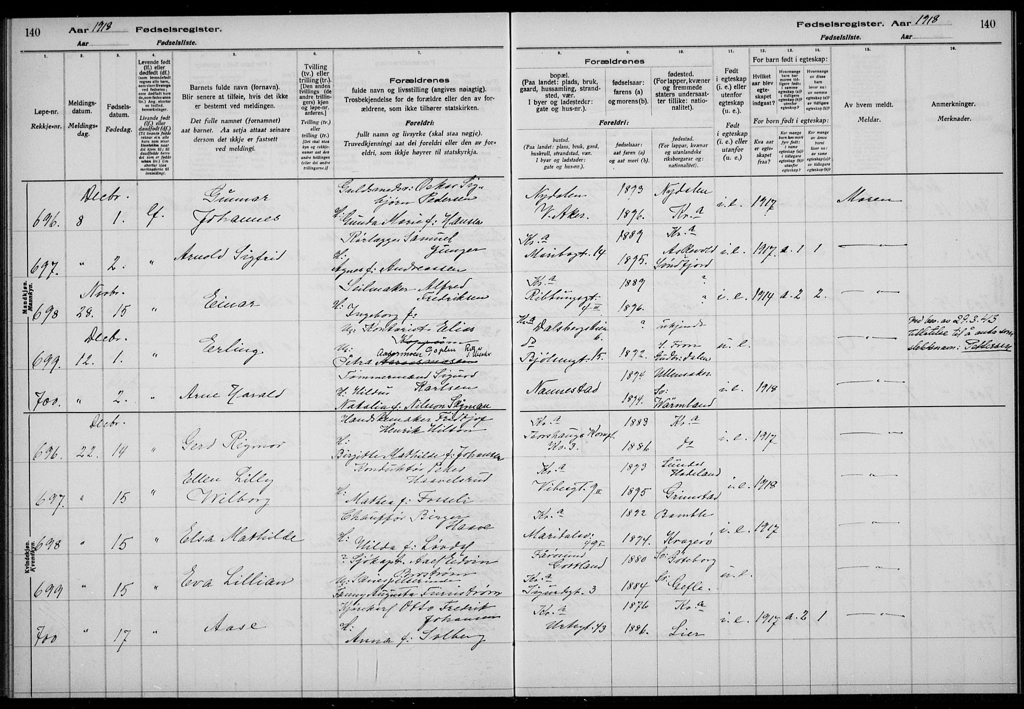 Rikshospitalet prestekontor Kirkebøker, AV/SAO-A-10309b/J/L0003: Fødselsregister nr. 3, 1918-1918, s. 140