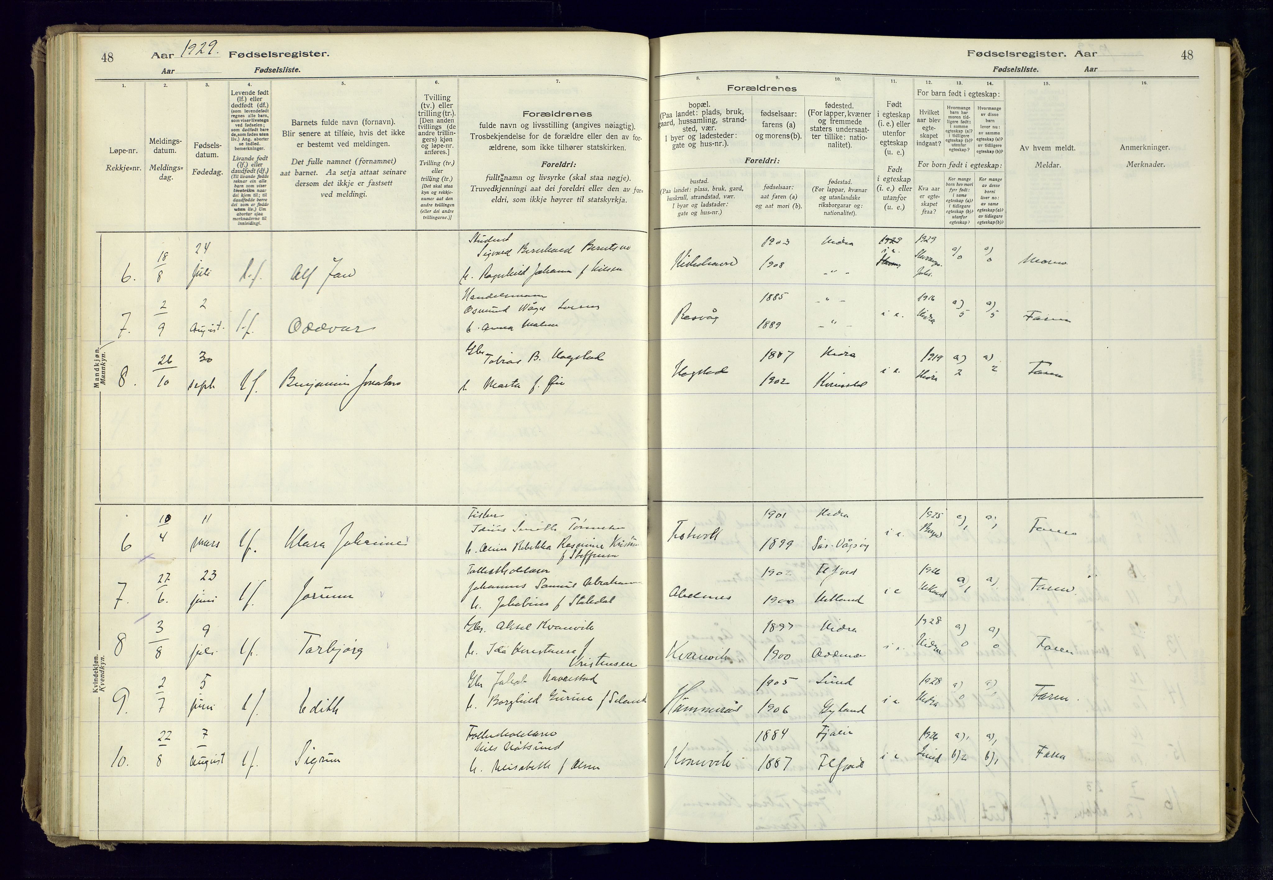 Flekkefjord sokneprestkontor, AV/SAK-1111-0012/J/Ja/L0007: Fødselsregister nr. 7, 1916-1982, s. 48